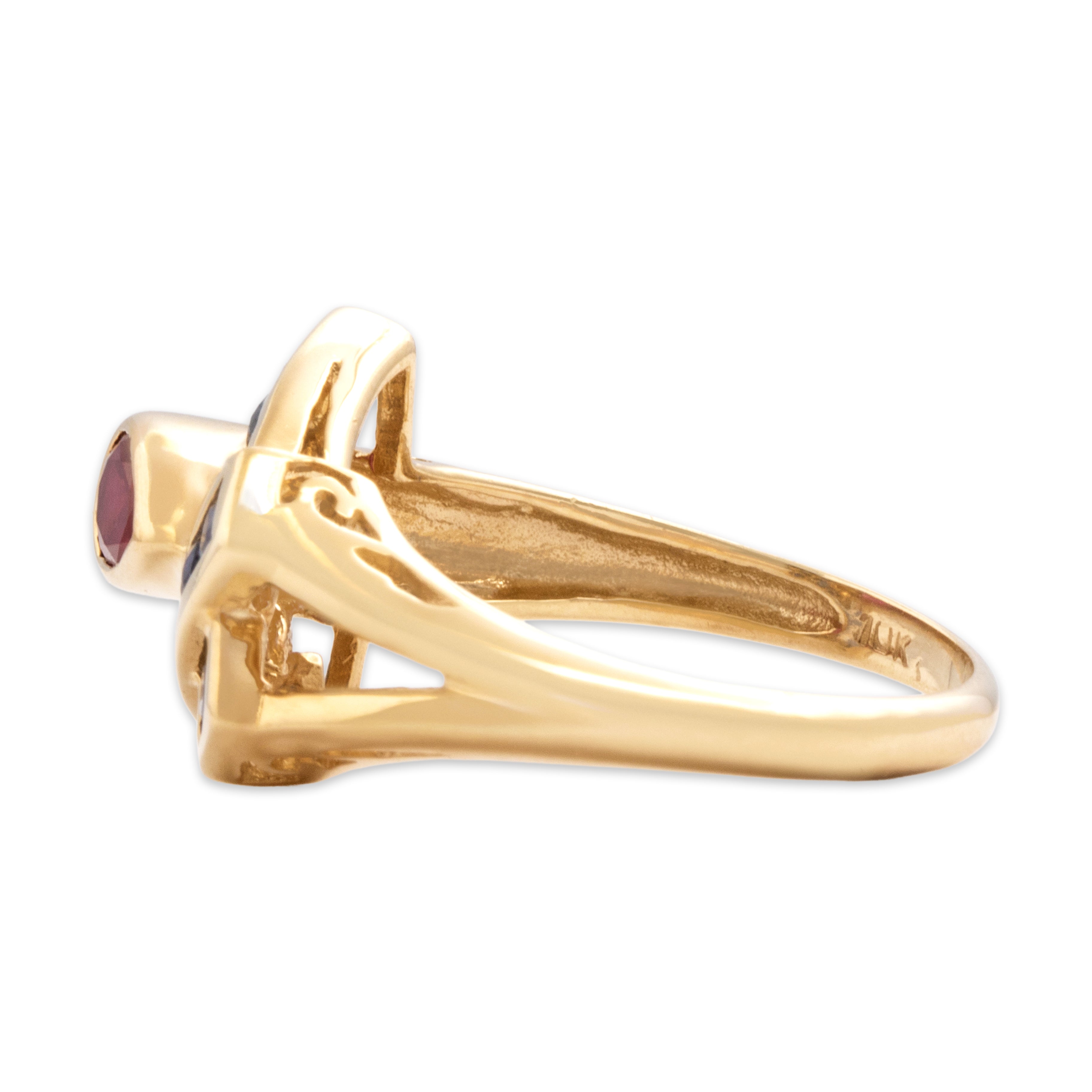 Vintage 10k Yellow Gold .51ct Ruby Blue Sapphire Crossover Bezel Accent Ring - Side view