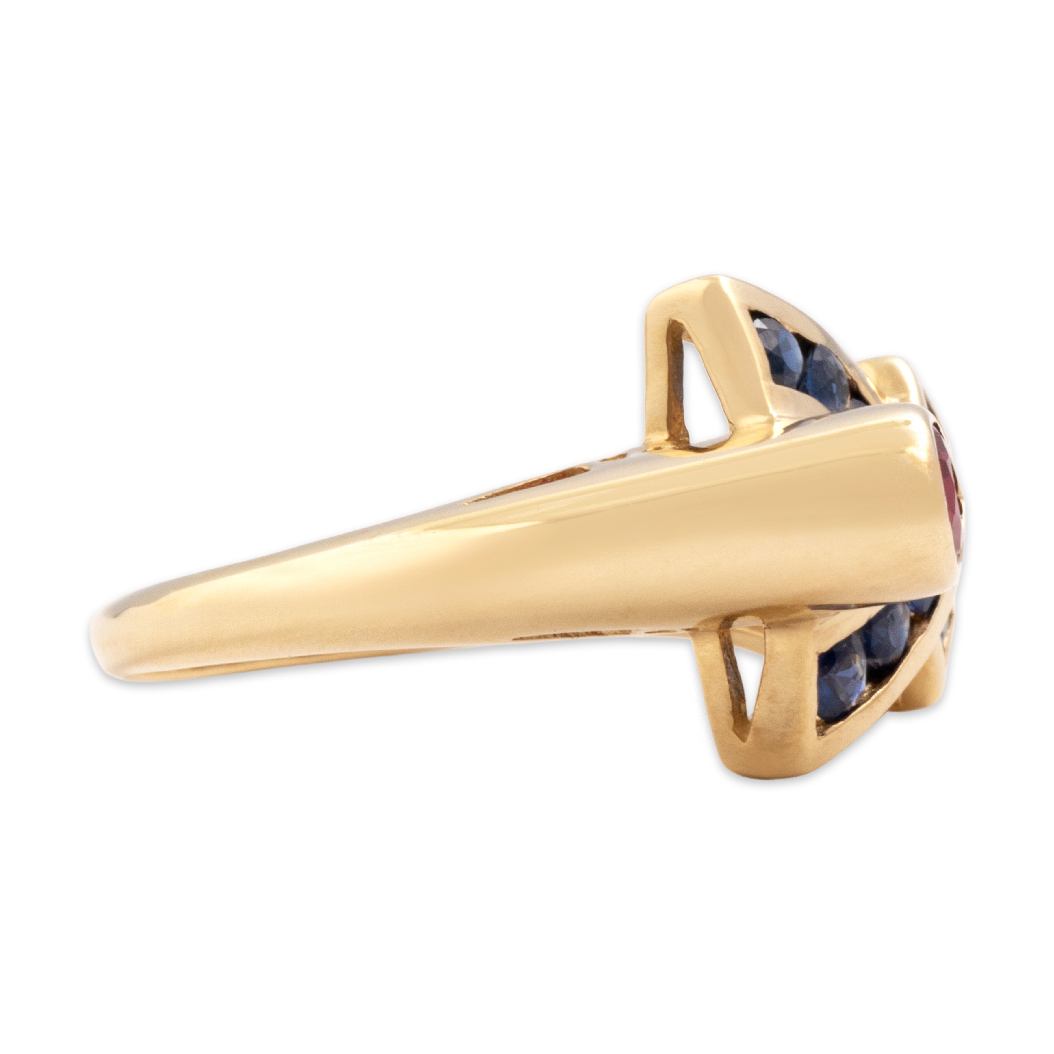 Vintage 10k Yellow Gold .51ct Ruby Blue Sapphire Crossover Bezel Accent Ring - Side view