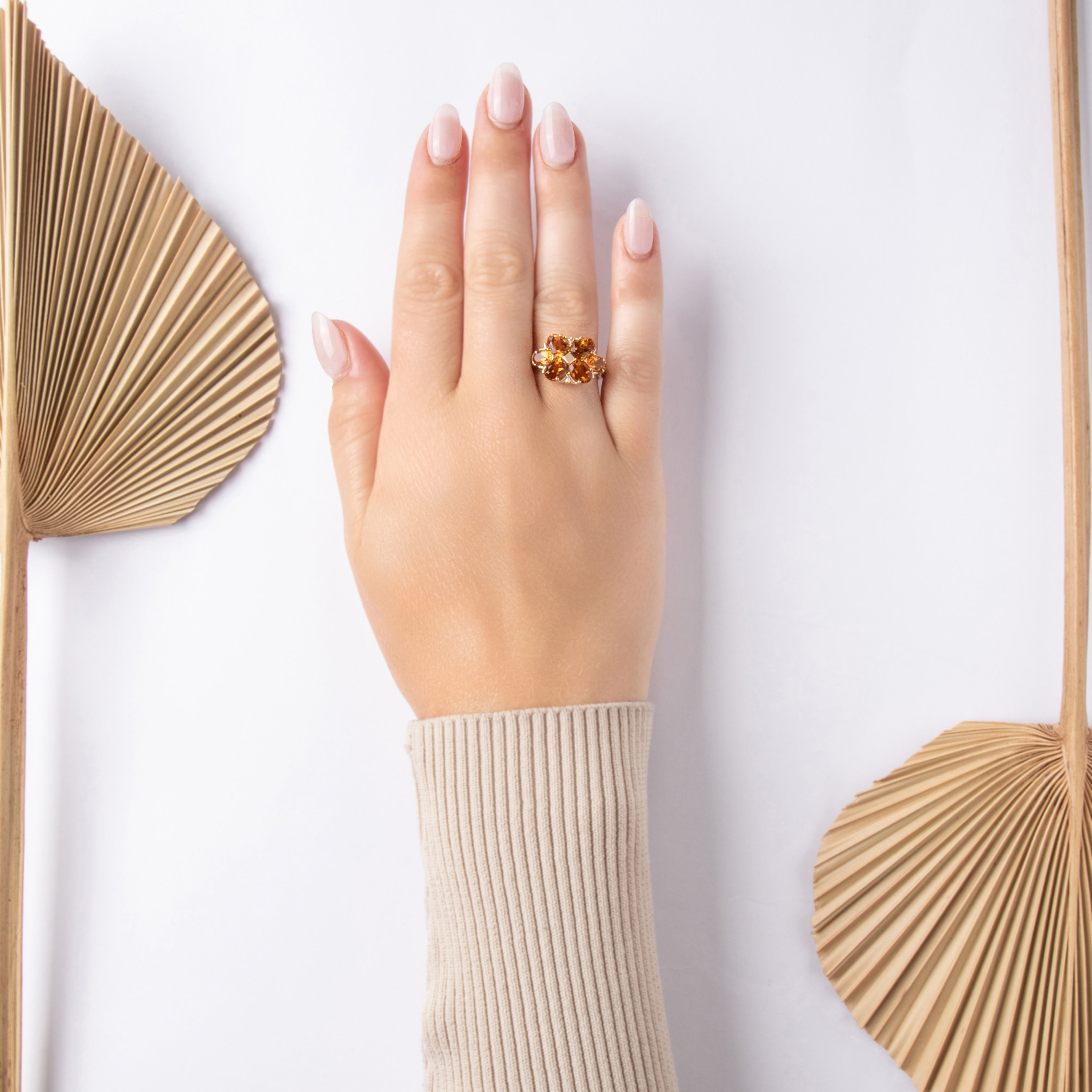 Vintage 10k Yellow Gold 13.04cttw Citrine Bright Floriform Cluster Ring - On model view