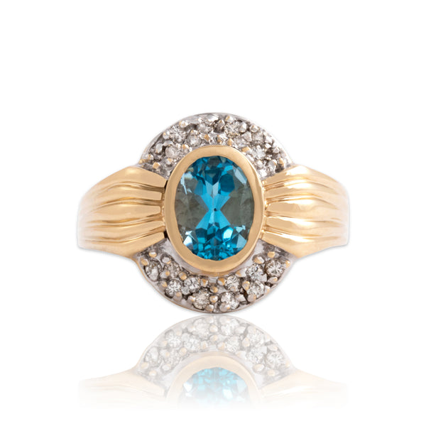 Vintage 10k Yellow & White Gold 1.51ct Blue Topaz Diamond Accented Disc Ring 7.25