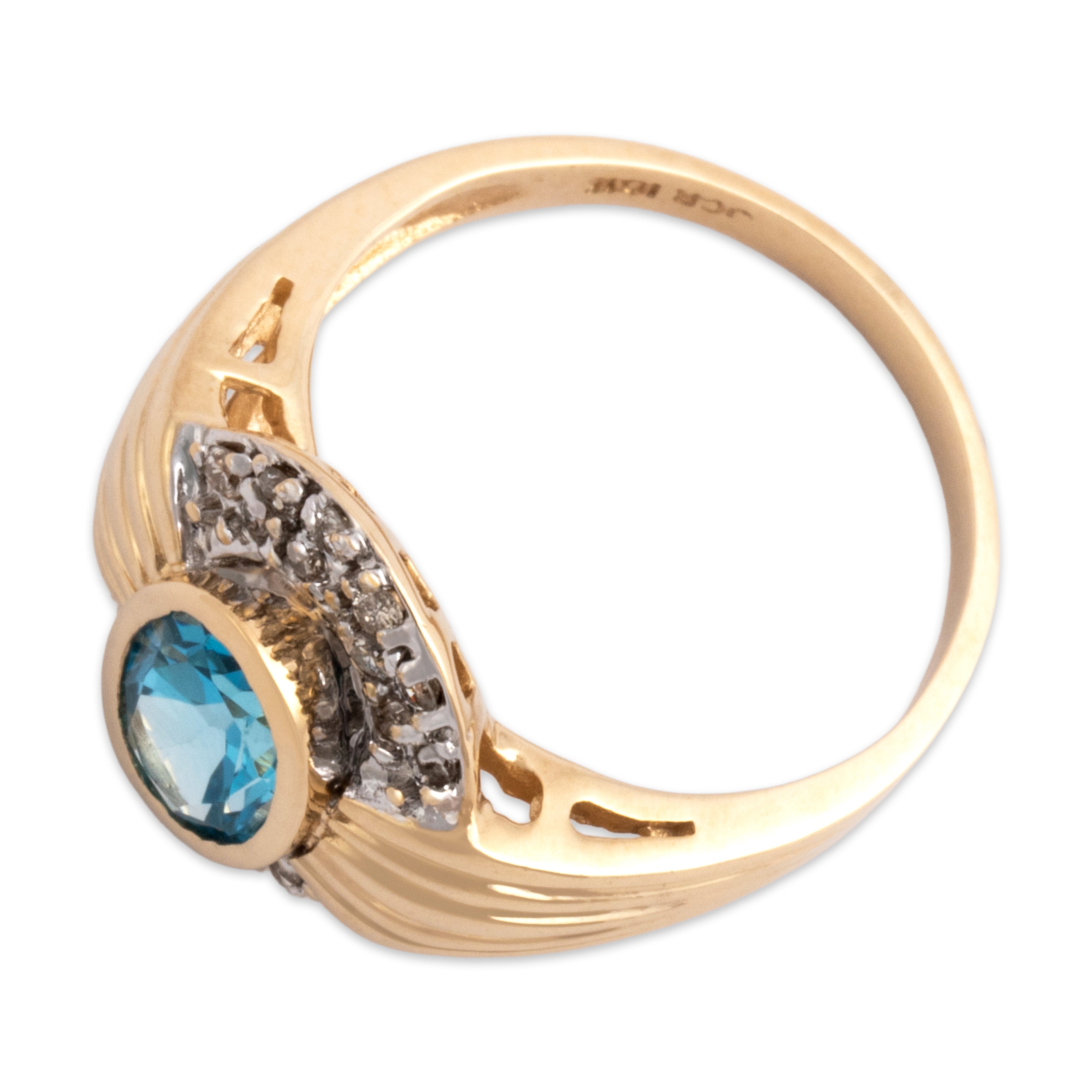 Vintage 10k Yellow & White Gold 1.51ct Blue Topaz Diamond Ribbed Accented Disc Ring - Overall view