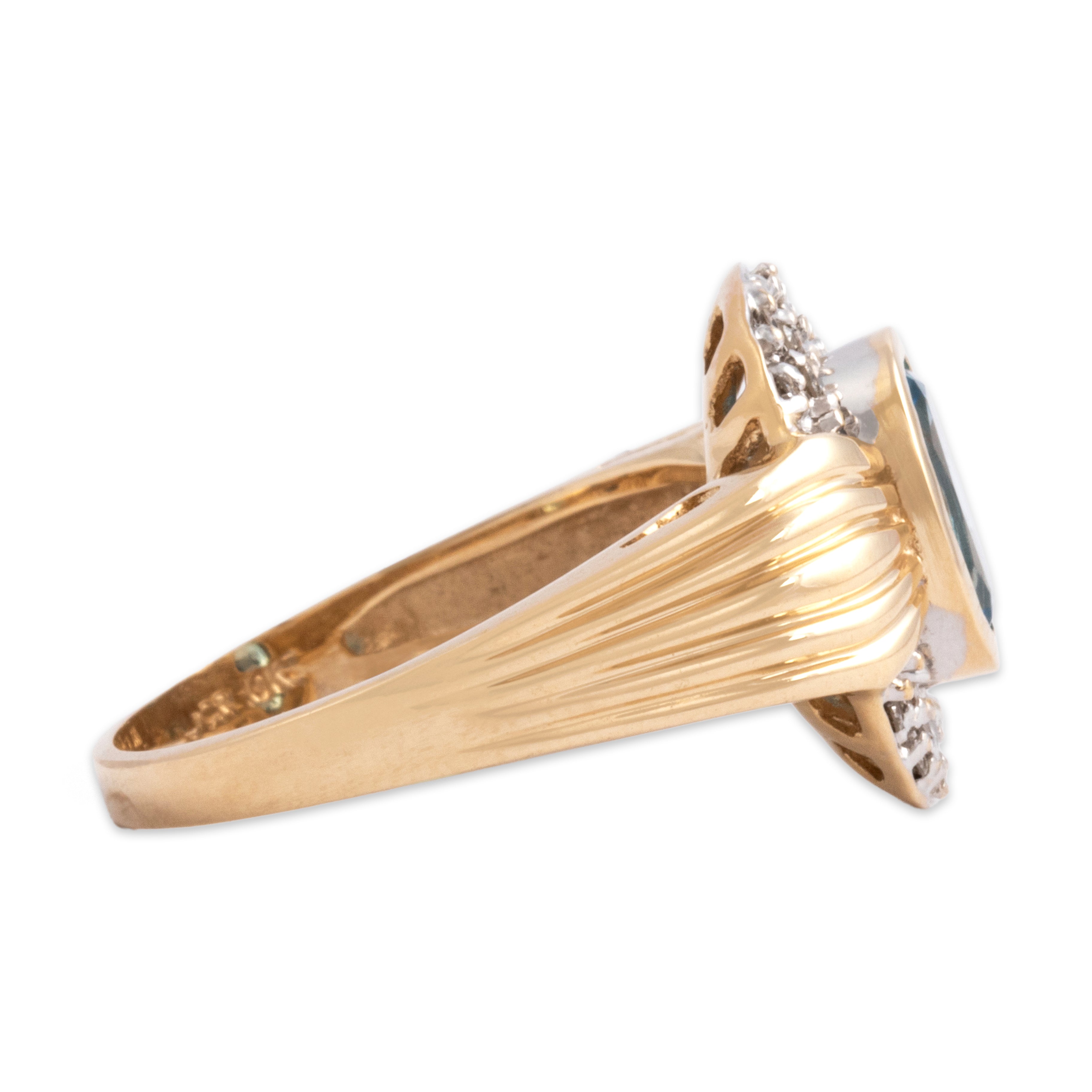 Vintage 10k Yellow & White Gold 1.51ct Blue Topaz Diamond Ribbed Accented Disc Ring - Side view