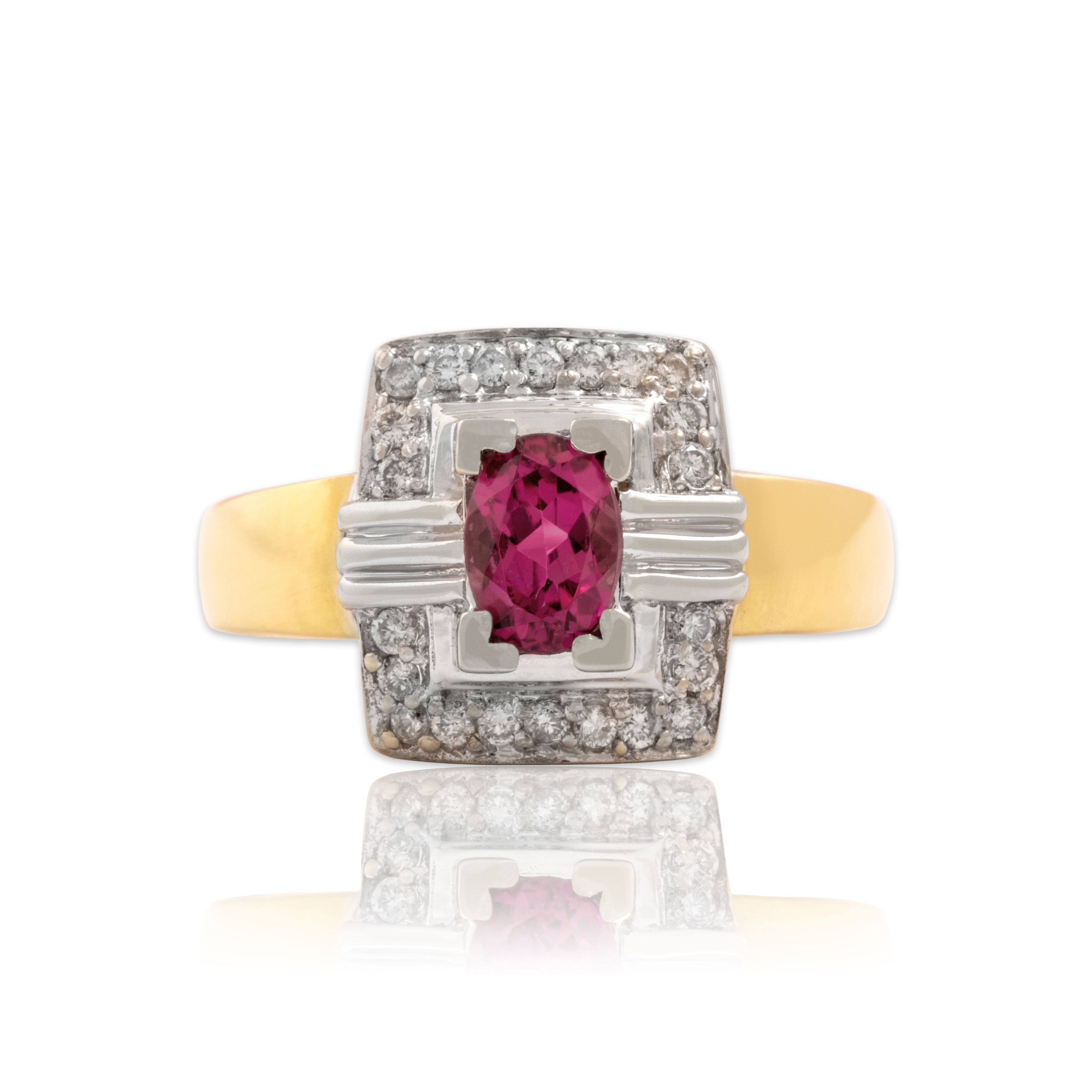 Vintage 18k Yellow & White Gold .8ct Pink Tourmaline Diamond Square Ring 7.50