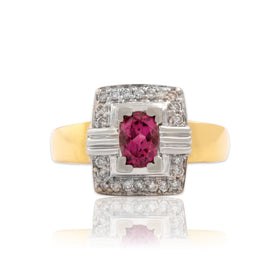 Vintage 18k Yellow & White Gold .8ct Pink Tourmaline Diamond Square Ring 7.50