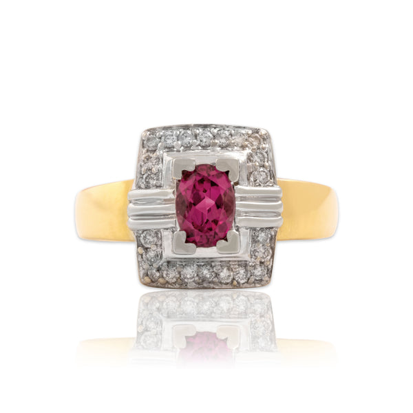 Vintage 18k Yellow & White Gold .8ct Pink Tourmaline Diamond Square Ring 7.50