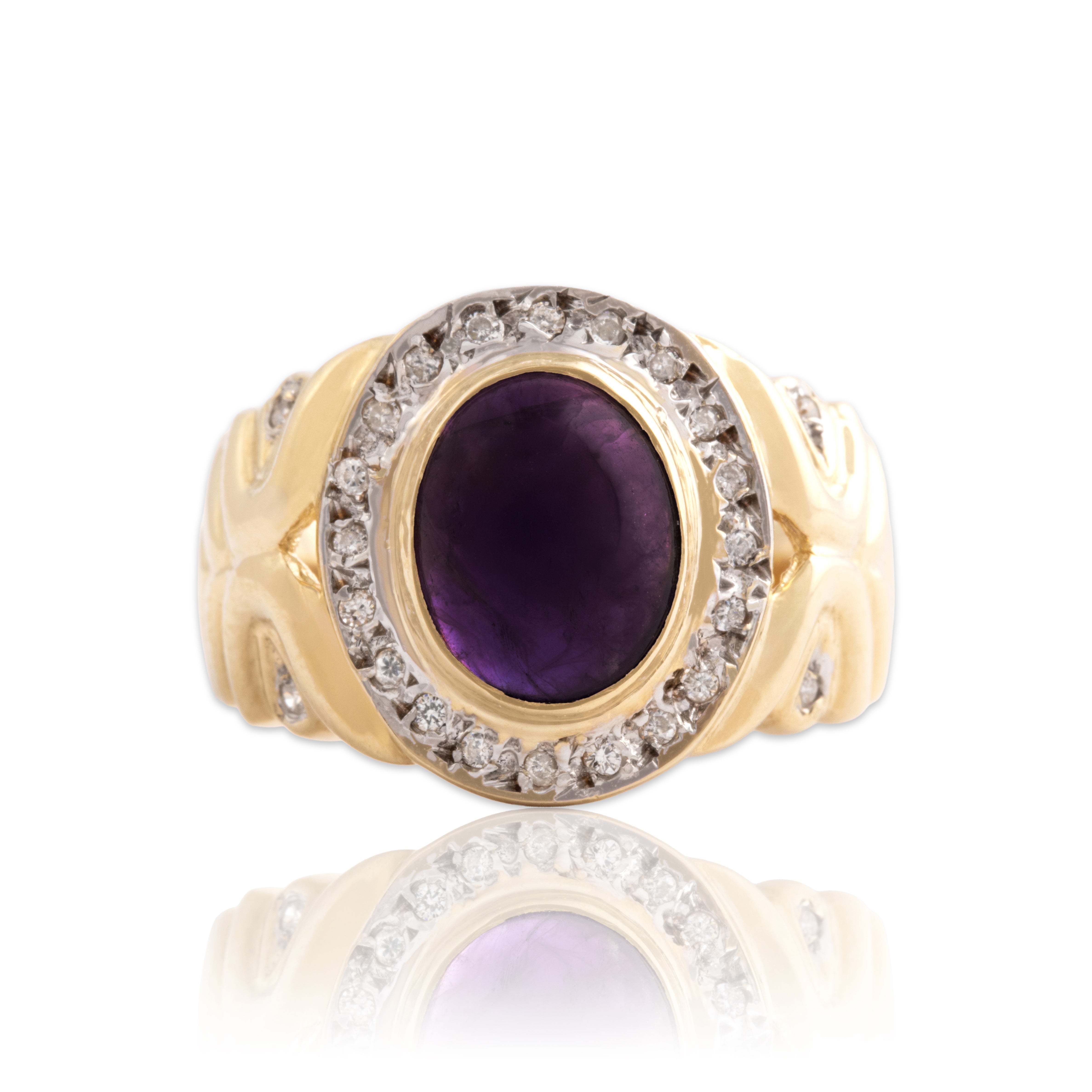Vintage 14k Yellow & White Gold 2.5ct Amethyst Diamond Bold Cabochon Ring 7.75