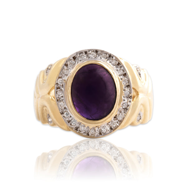 Vintage 14k Yellow & White Gold 2.5ct Amethyst Diamond Bold Cabochon Ring 7.75
