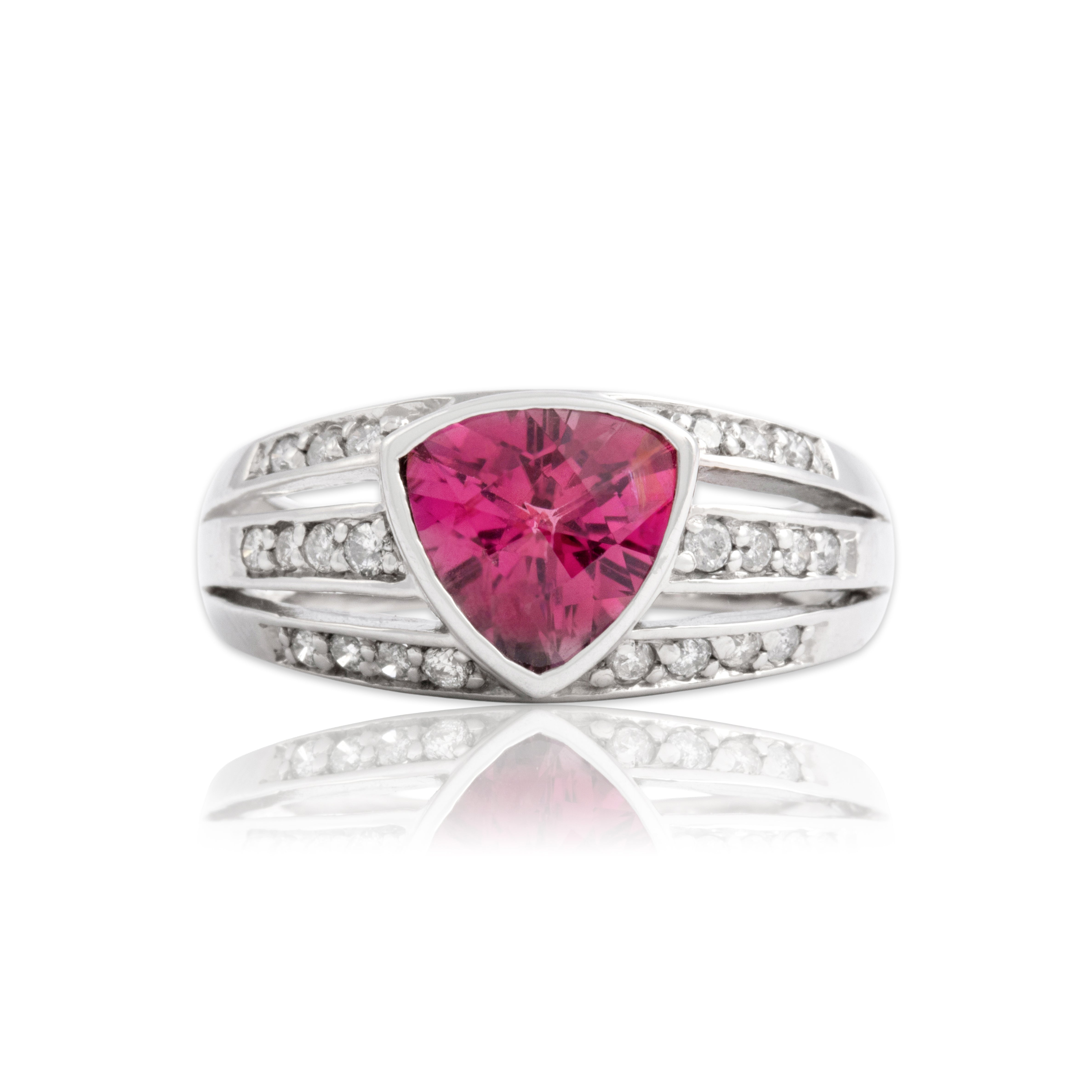Vintage 14k White Gold 1.96ct Pink Tourmaline Diamond Sleek Bezel Trilliant Triple Band Ring - Close-up view