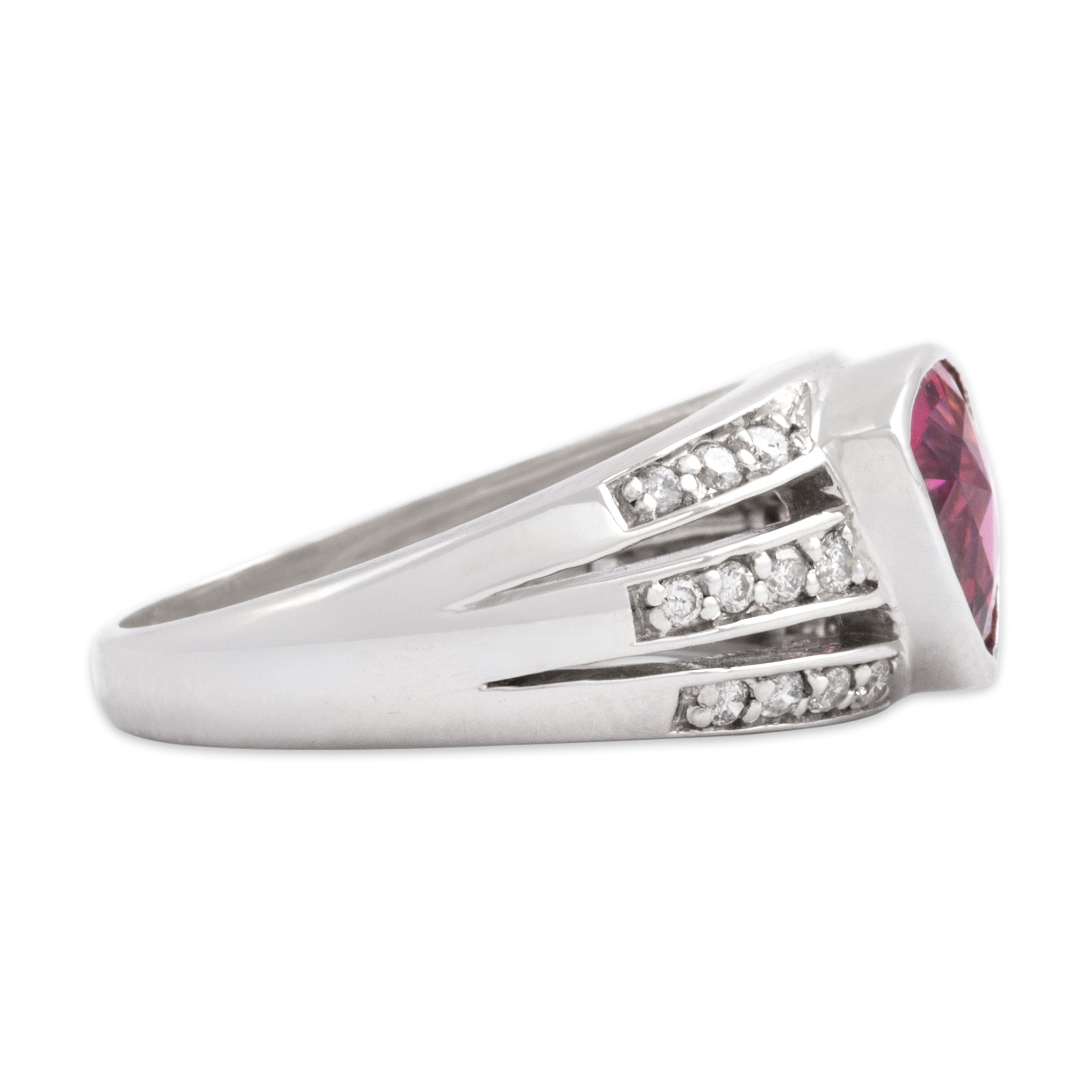 Vintage 14k White Gold 1.96ct Pink Tourmaline Diamond Sleek Bezel Trilliant Triple Band Ring - Side view