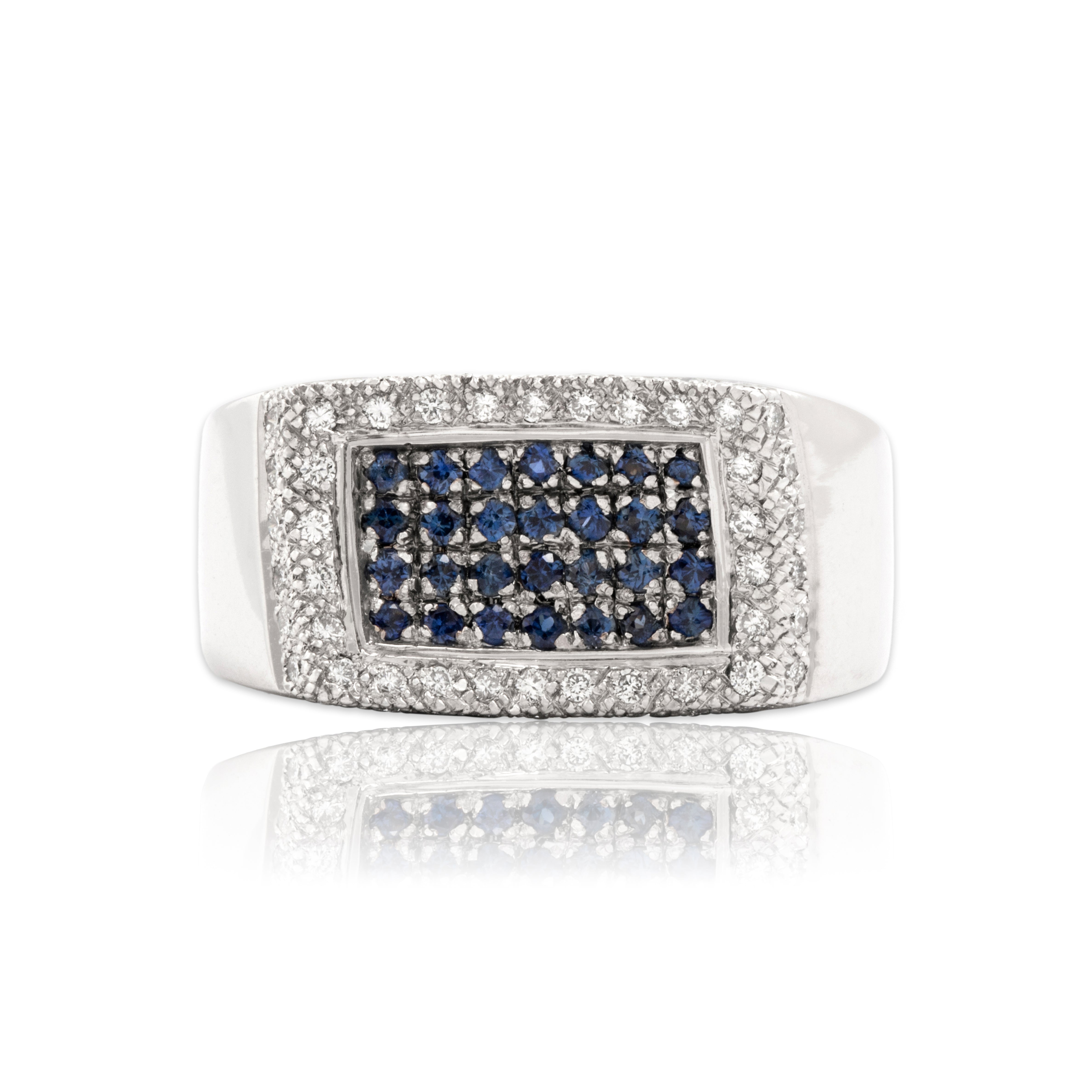 Vintage 14k White Gold Blue Sapphire Diamond Bold Pavã© Rectangle Wave Ring - Close-up view