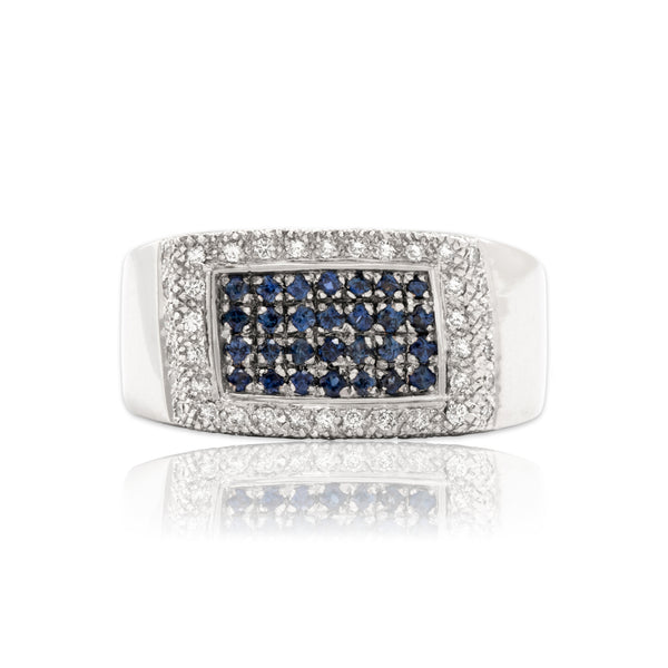Vintage 14k White Gold Blue Sapphire Diamond Bold Pavé Rectangle Wave Ring 8.25
