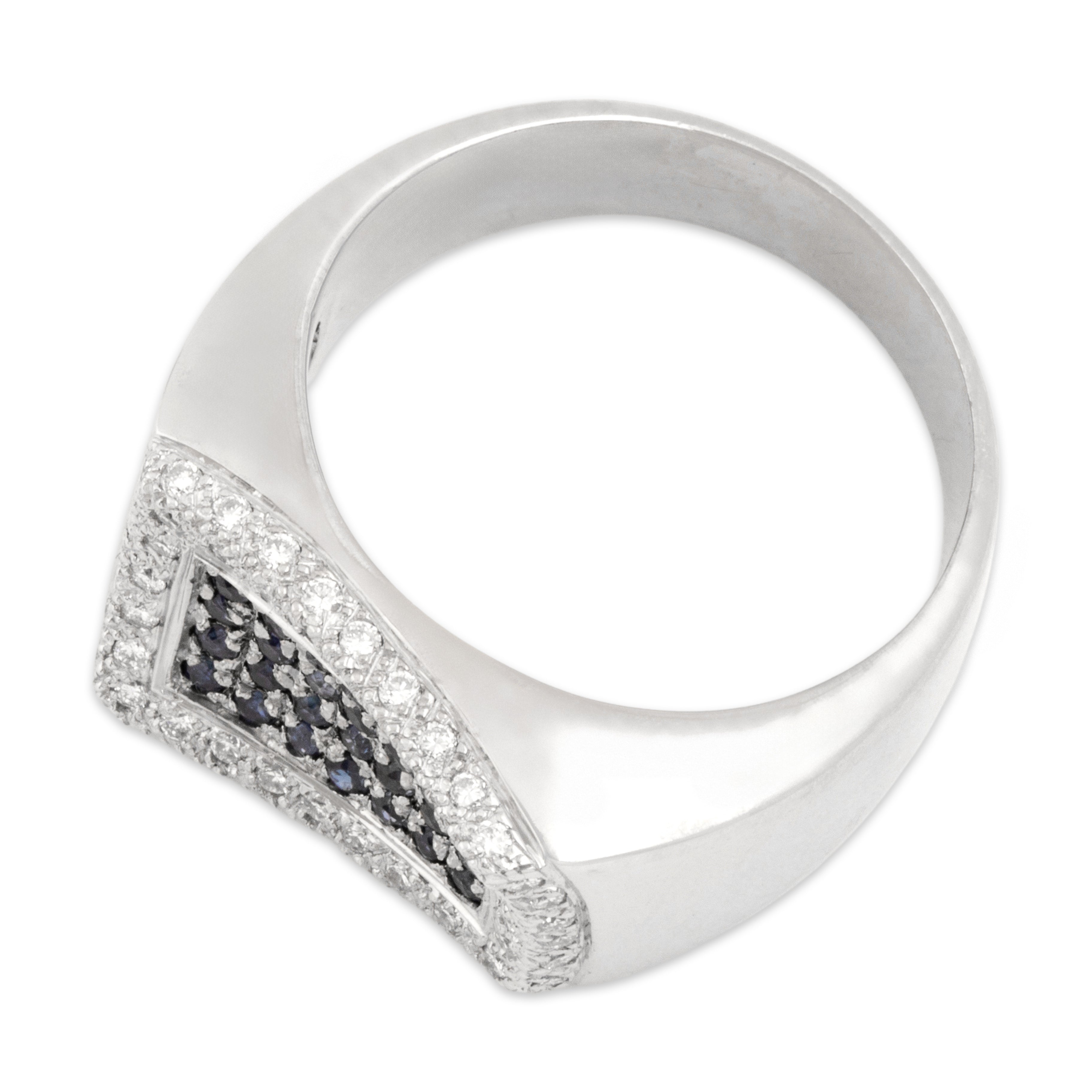 Vintage 14k White Gold Blue Sapphire Diamond Bold Pavé Rectangle Wave Ring 8.25