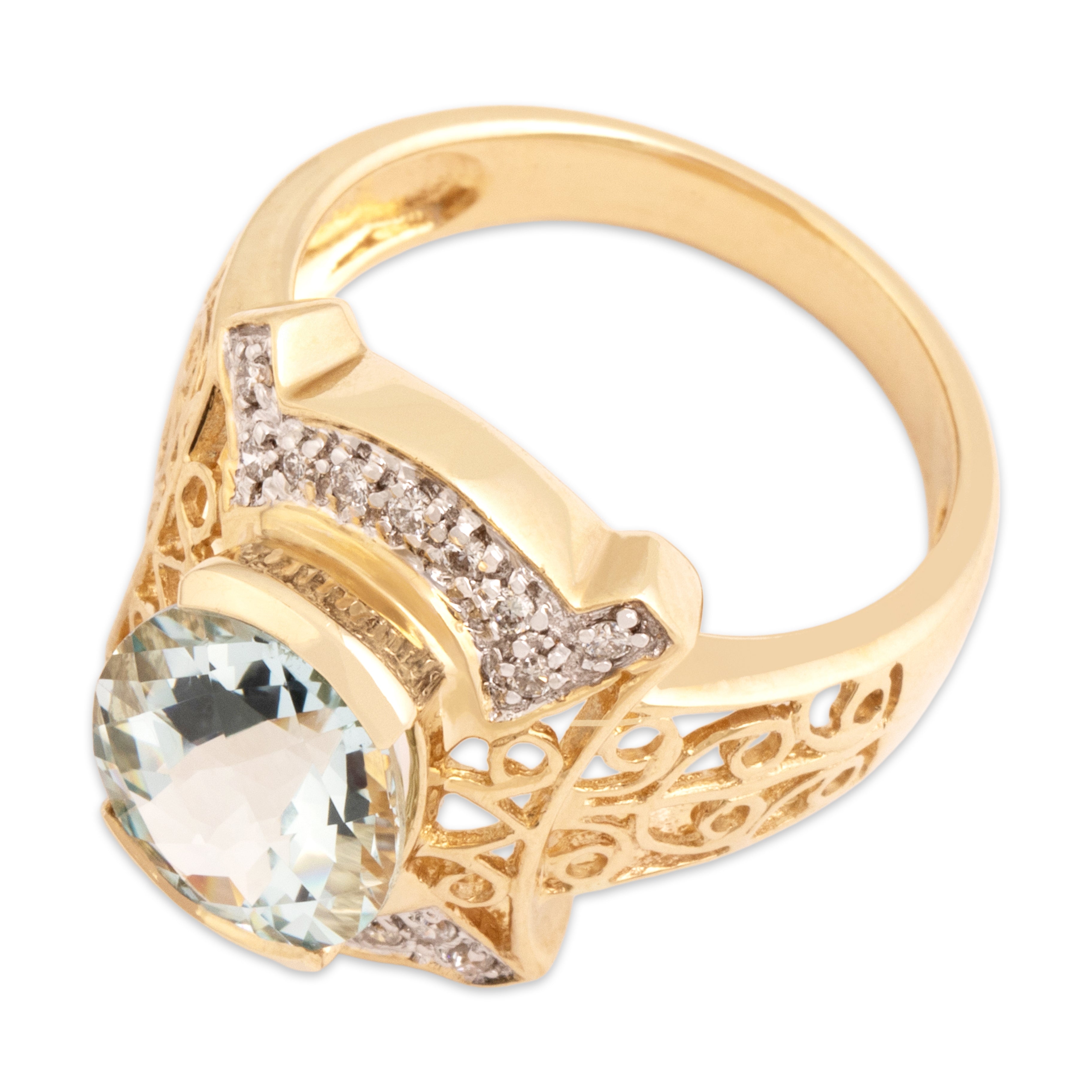 Vintage 14k Yellow Gold 3.33ct Aquamarine Diamond Bold Accented Oval Cocktail Ring - Overall view
