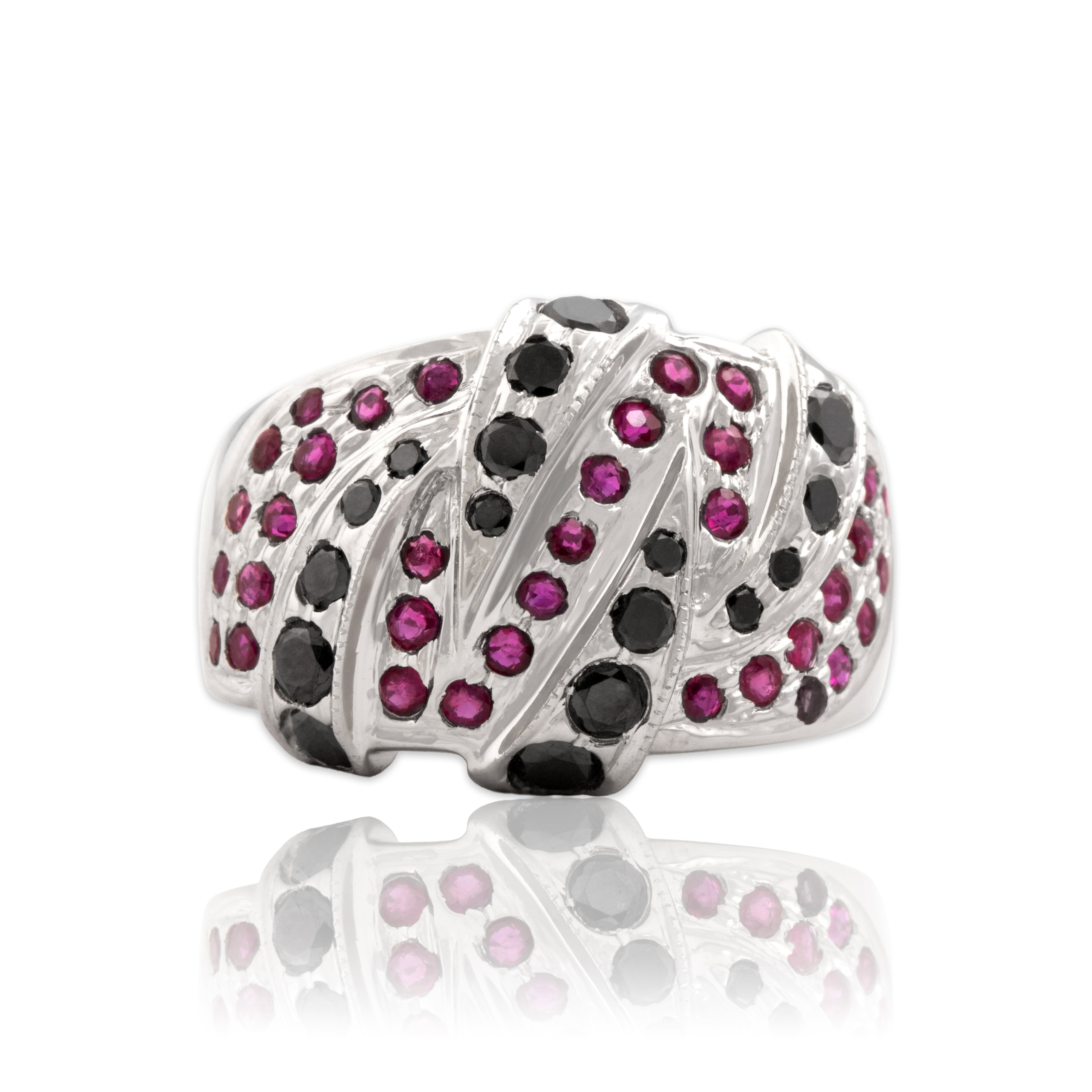 Vintage 14k White Gold Black Diamond Ruby Bold Wide Striped Band Ring - Close-up view