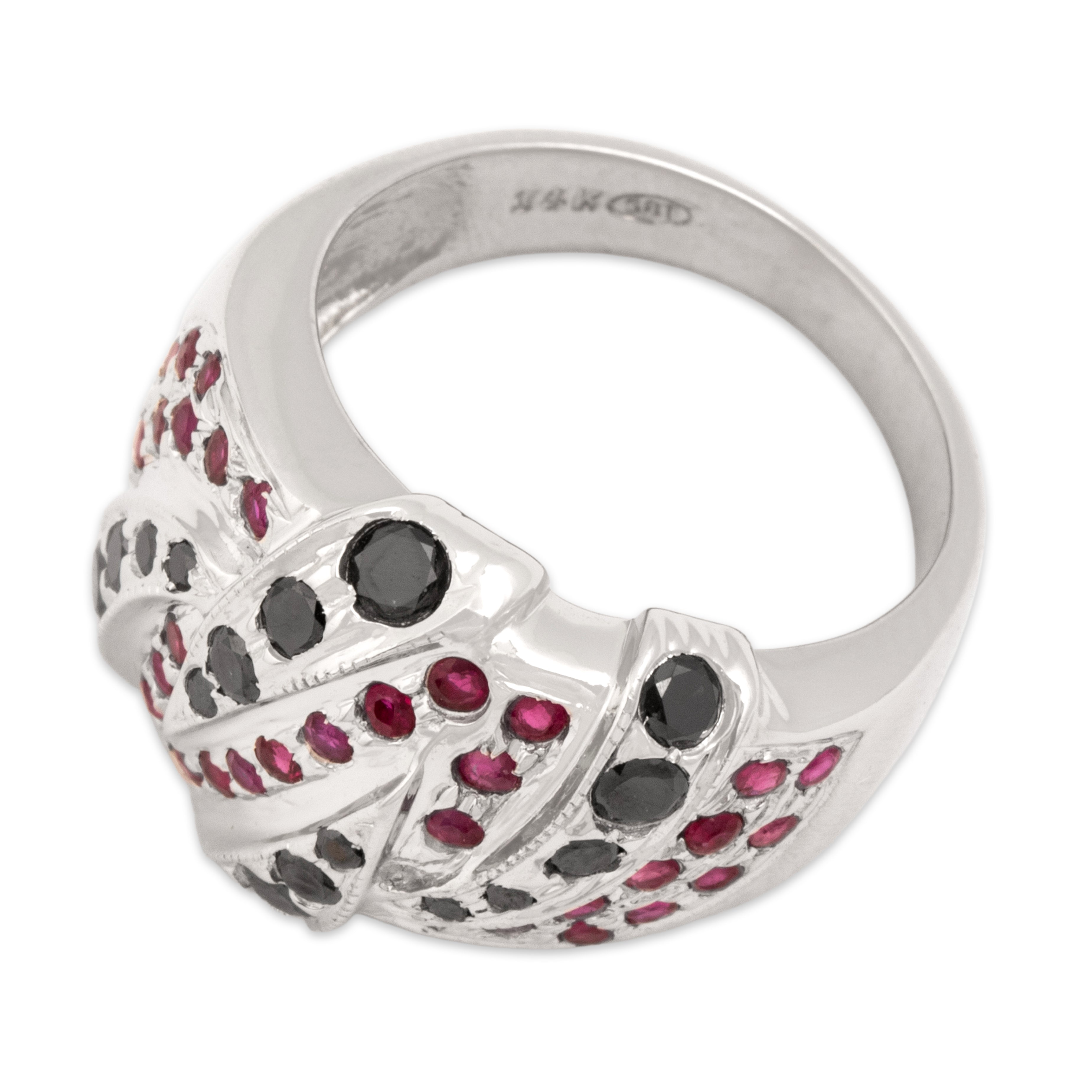 Vintage 14k White Gold Black Diamond Ruby Bold Wide Striped Band Ring - Overall view