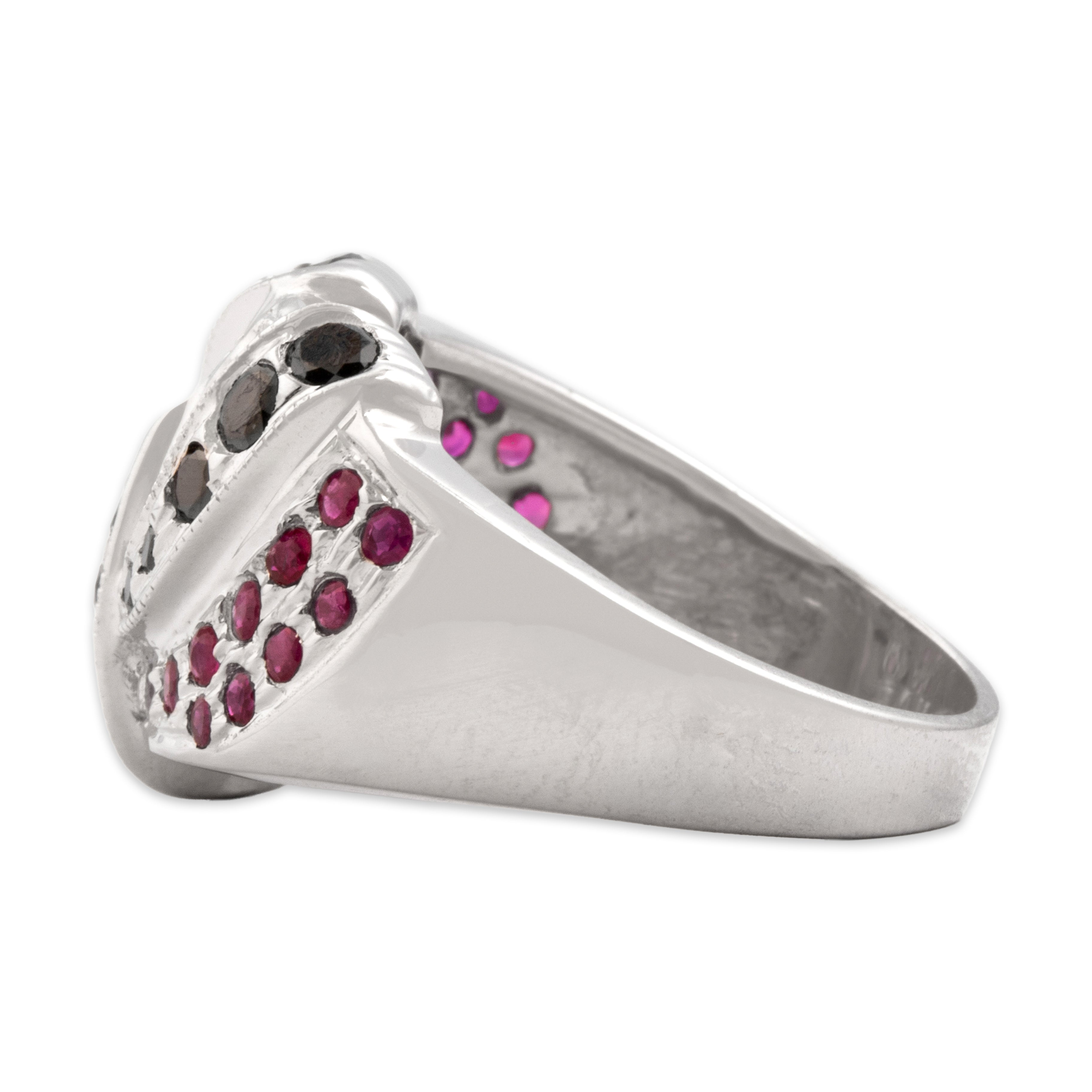 Vintage 14k White Gold Black Diamond Ruby Bold Wide Striped Band Ring - Side view