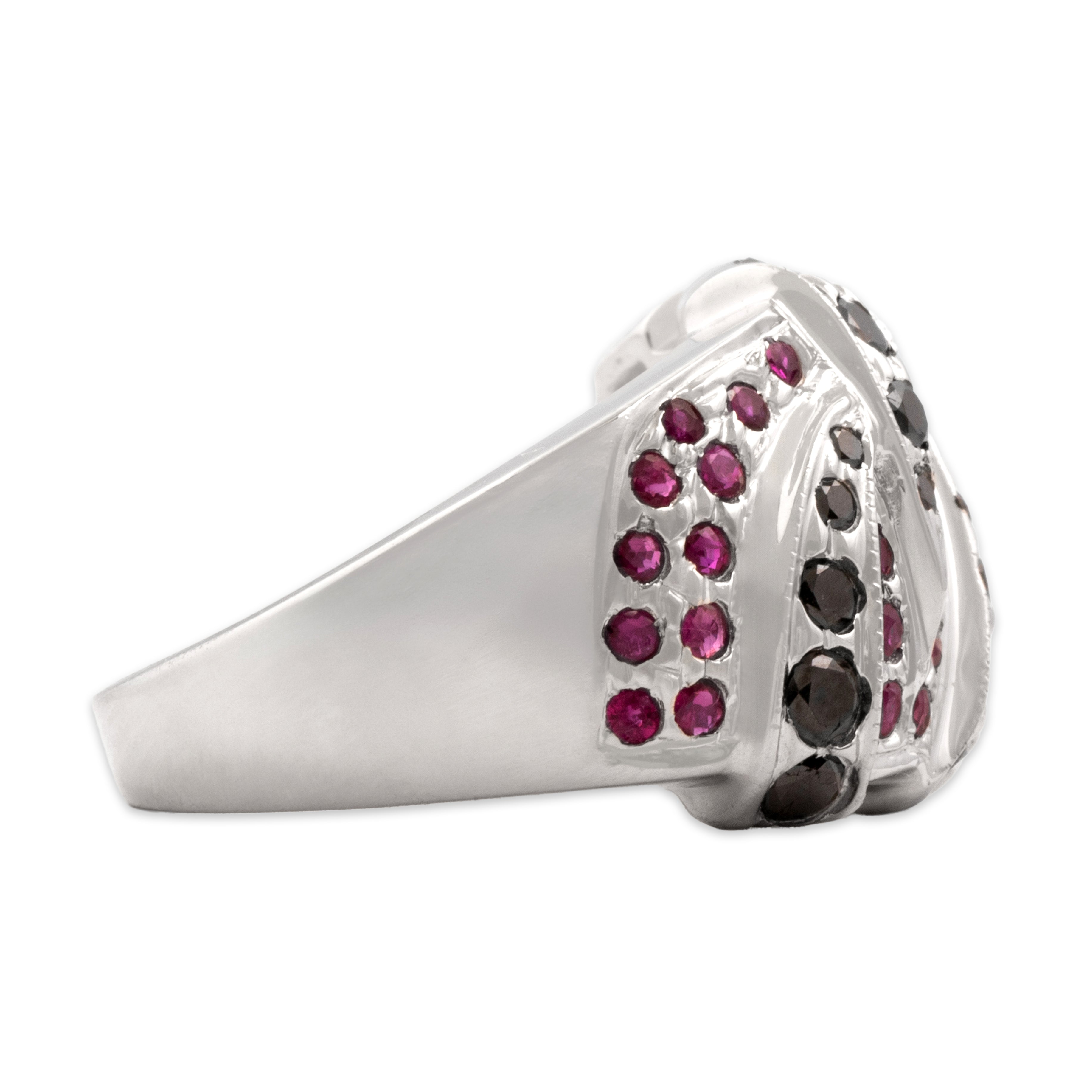 Vintage 14k White Gold Black Diamond Ruby Bold Wide Striped Band Ring - Side view