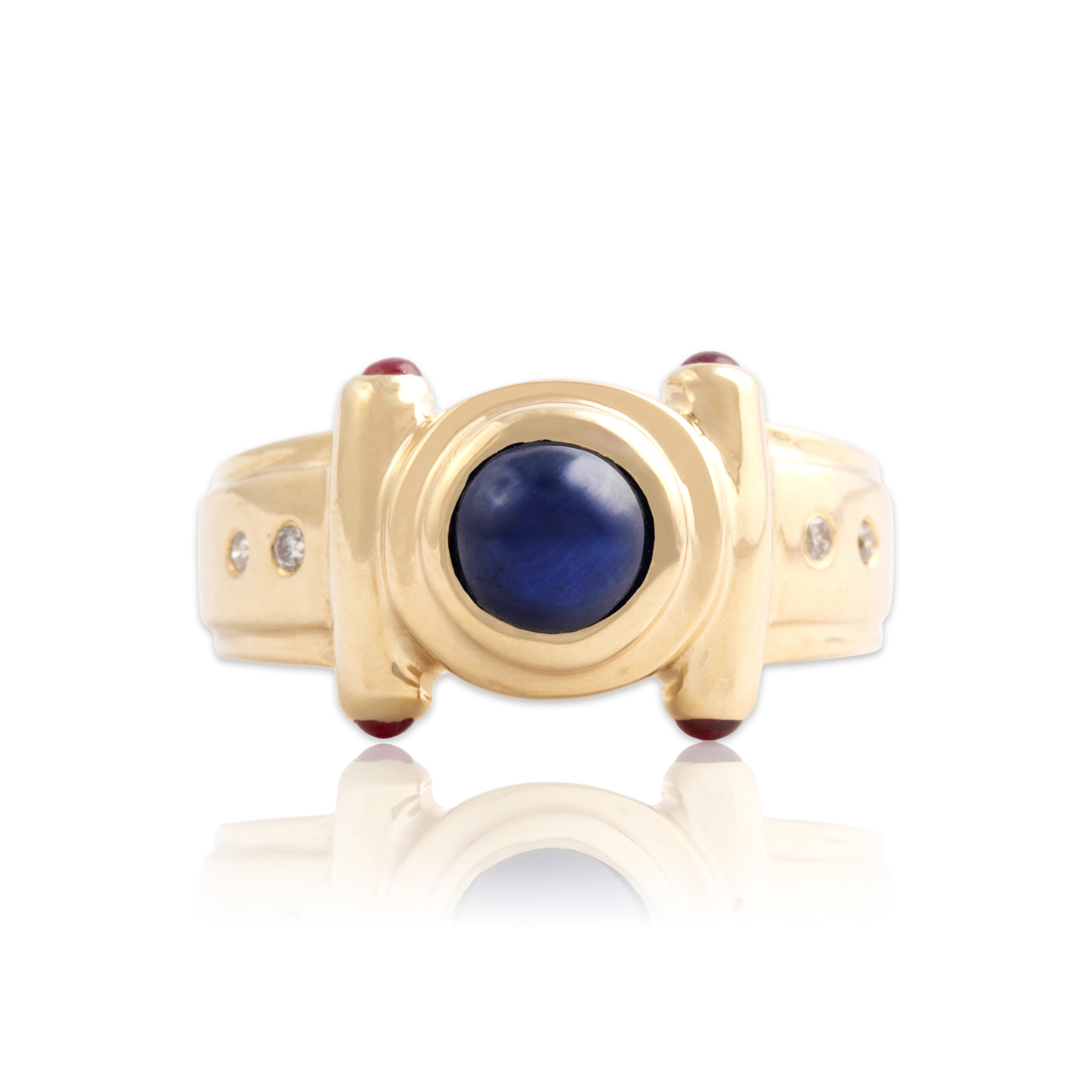 Vintage 14k Yellow Gold 1.25ct Blue Sapphire Ruby Diamond Bezel Cabochon Ring 8.00