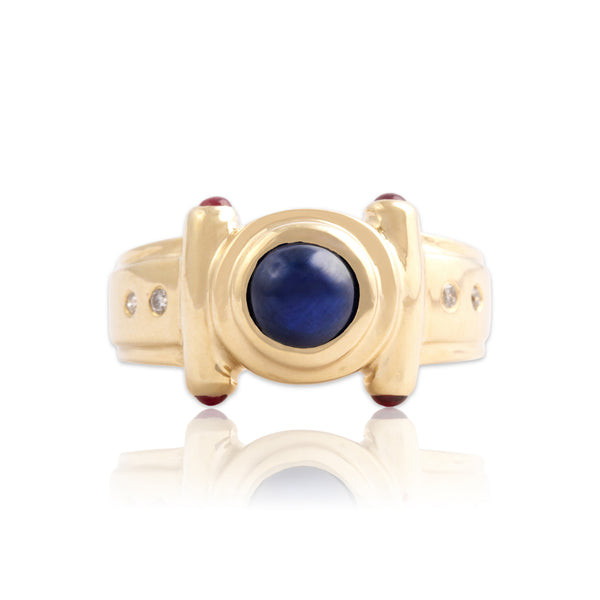 Vintage 14k Yellow Gold 1.25ct Blue Sapphire Ruby Diamond Bezel Cabochon Ring 8.00