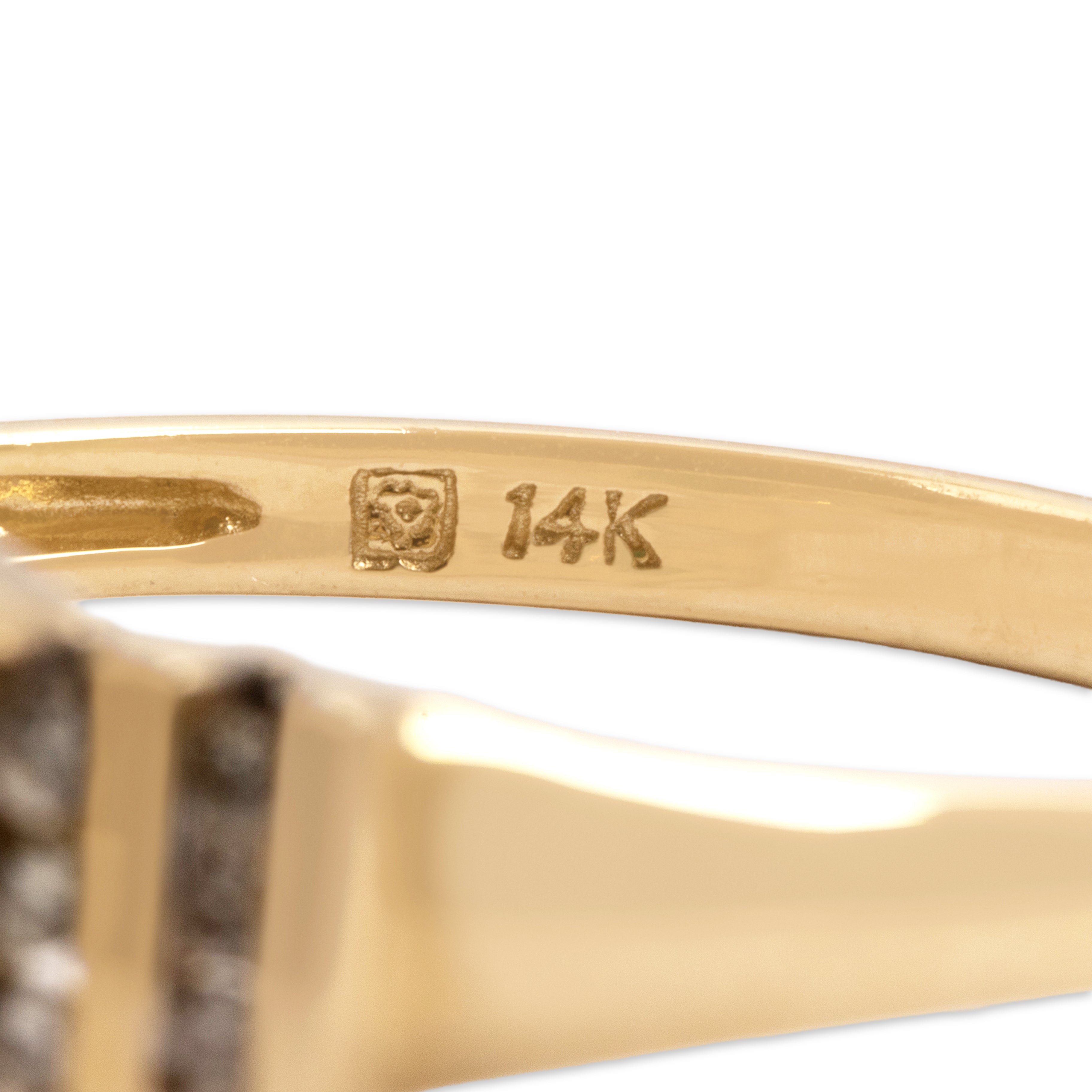 Vintage 14k Yellow Gold .93ct Emerald Diamond Sleek Channel Shoulder Ring - Hallmark view