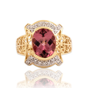 Vintage 14k Yellow Gold 3.45ct Pink Tourmaline Diamond Swirl Cocktail Ring 7.00