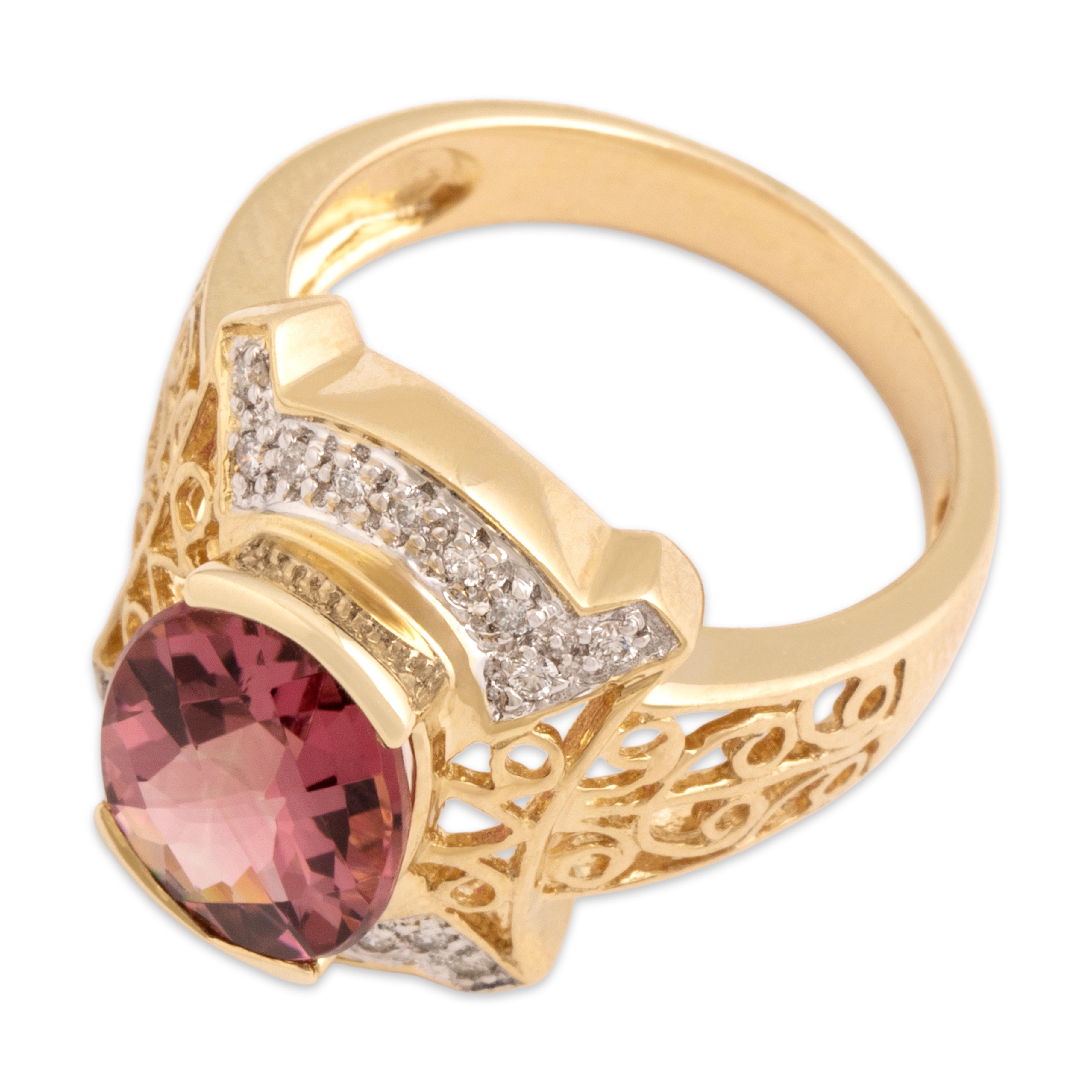 Vintage 14k Yellow Gold 3.45ct Pink Tourmaline Diamond Cocktail Ring - Overall view