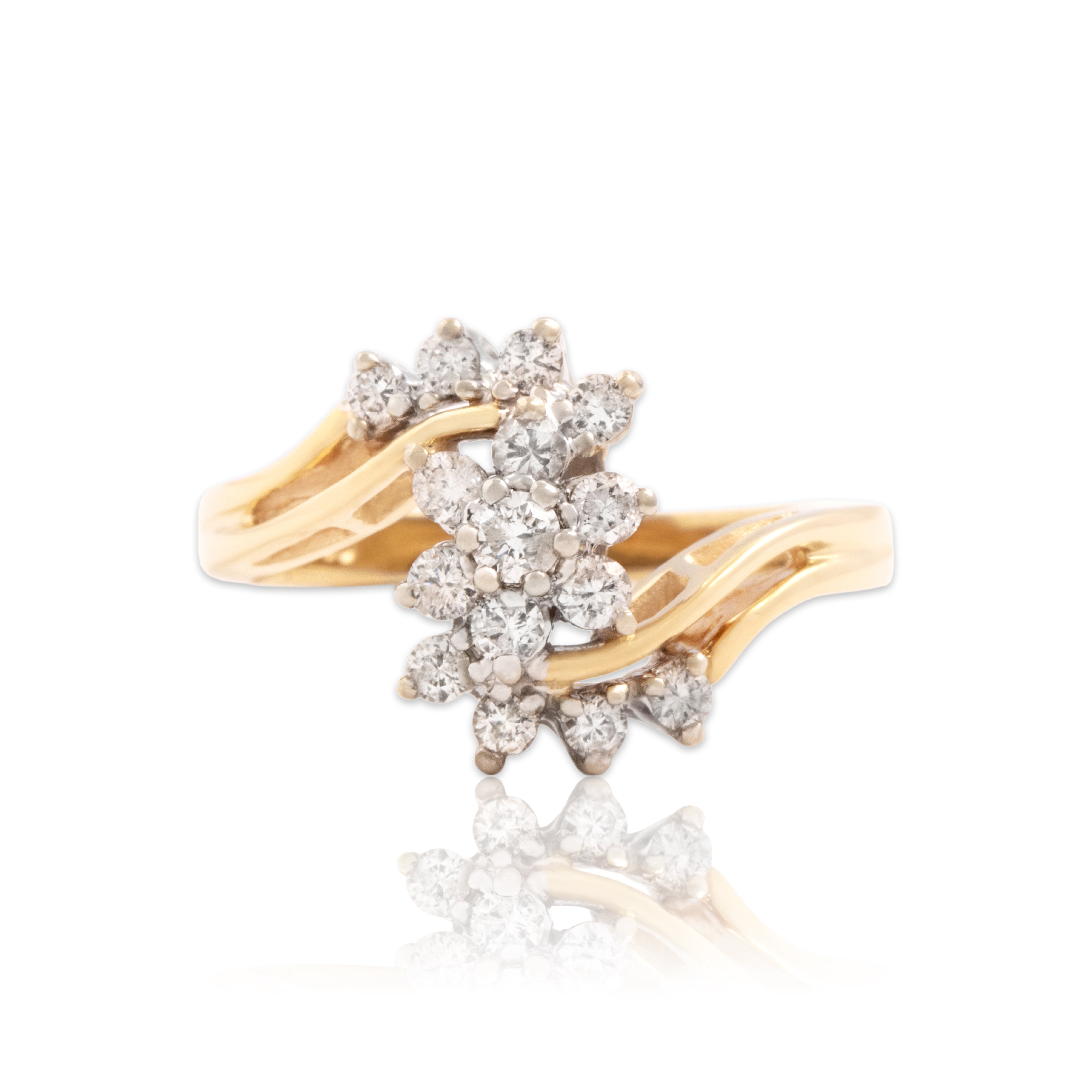 Vintage 14k Yellow Gold Diamond Floral Flowing Bypass Ring - Close-up view