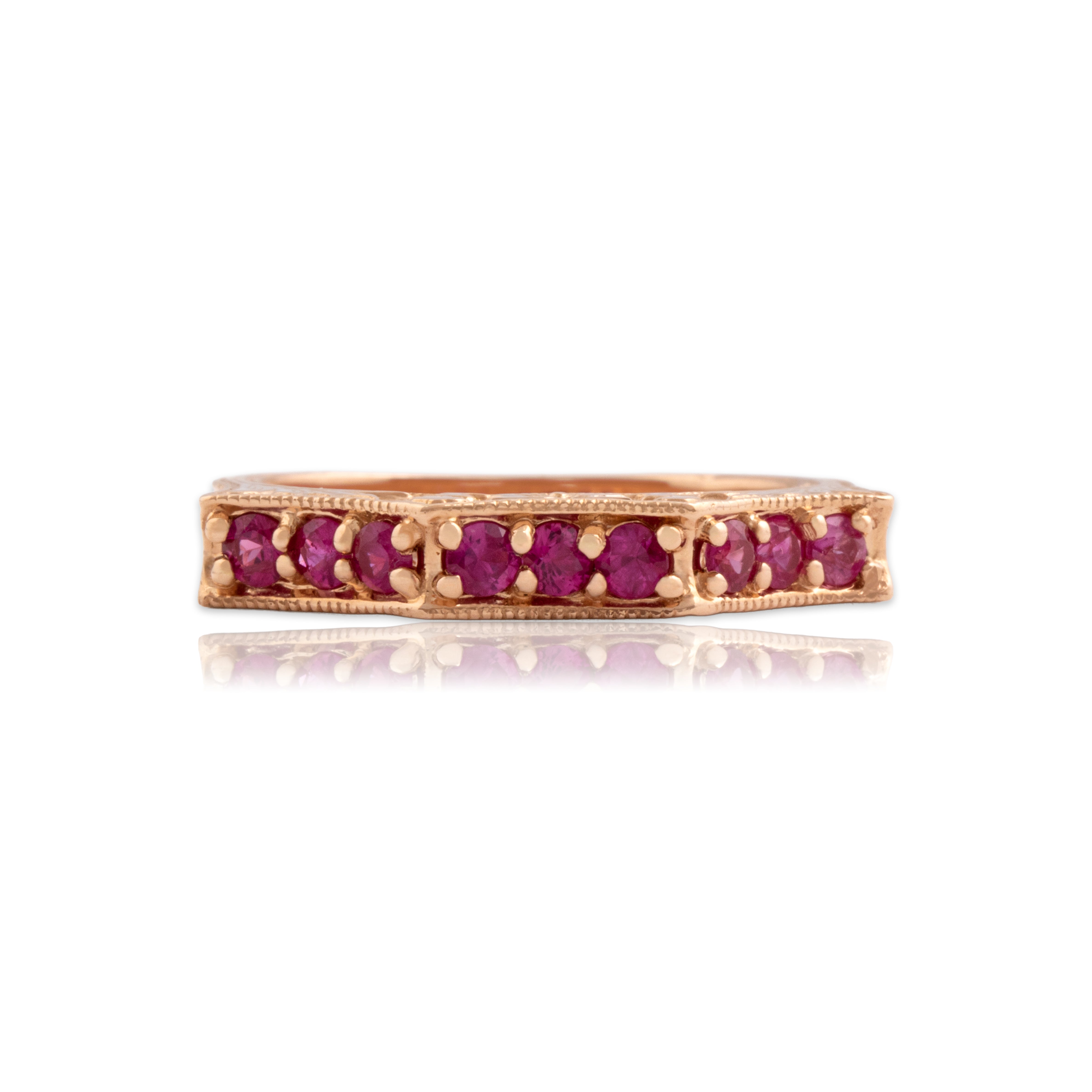 Estate 14k Rose Gold Ruby Arched Floral Adorned Band Ring - Close-up view