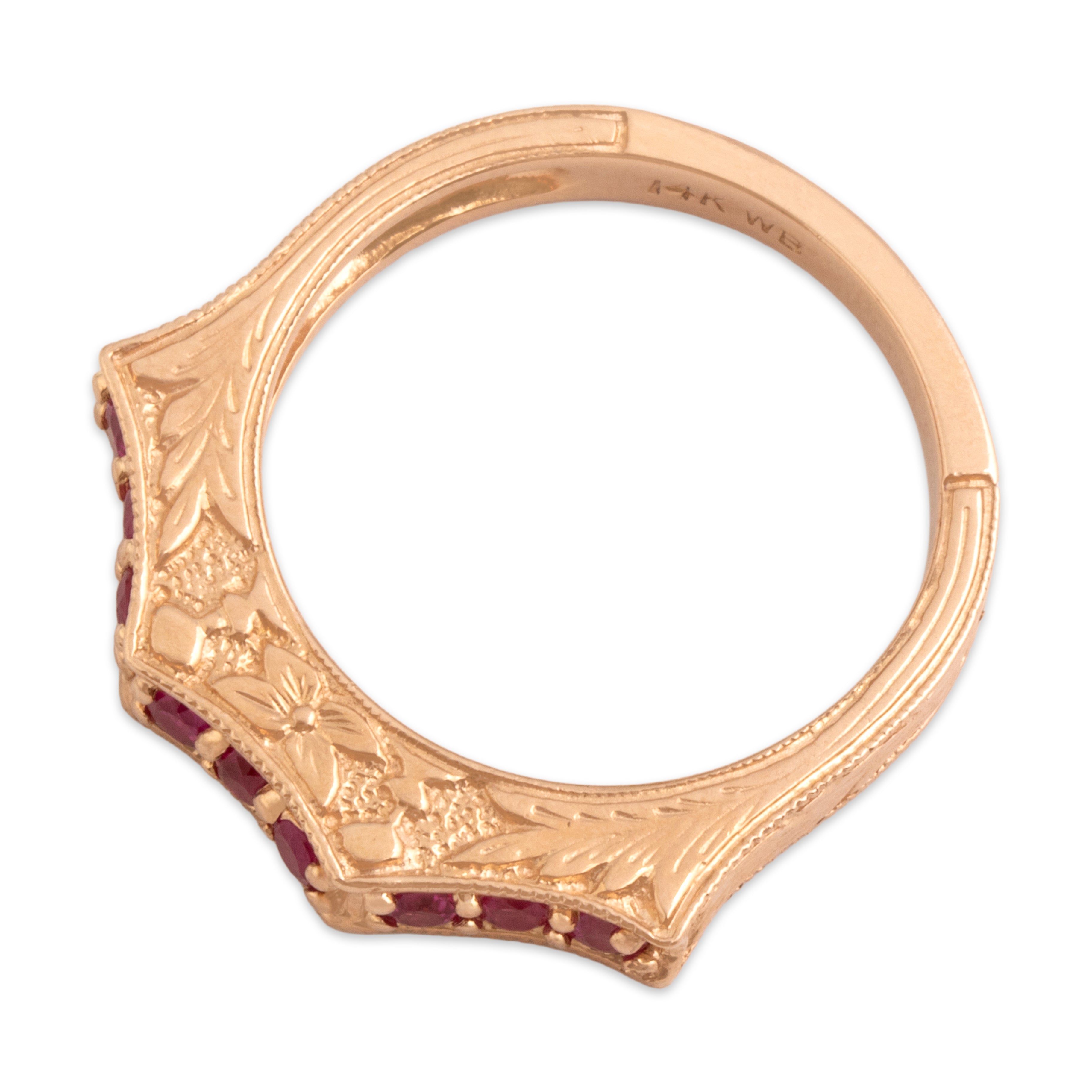 Estate 14k Rose Gold Ruby Arched Floral Adorned Band Ring - Overall view