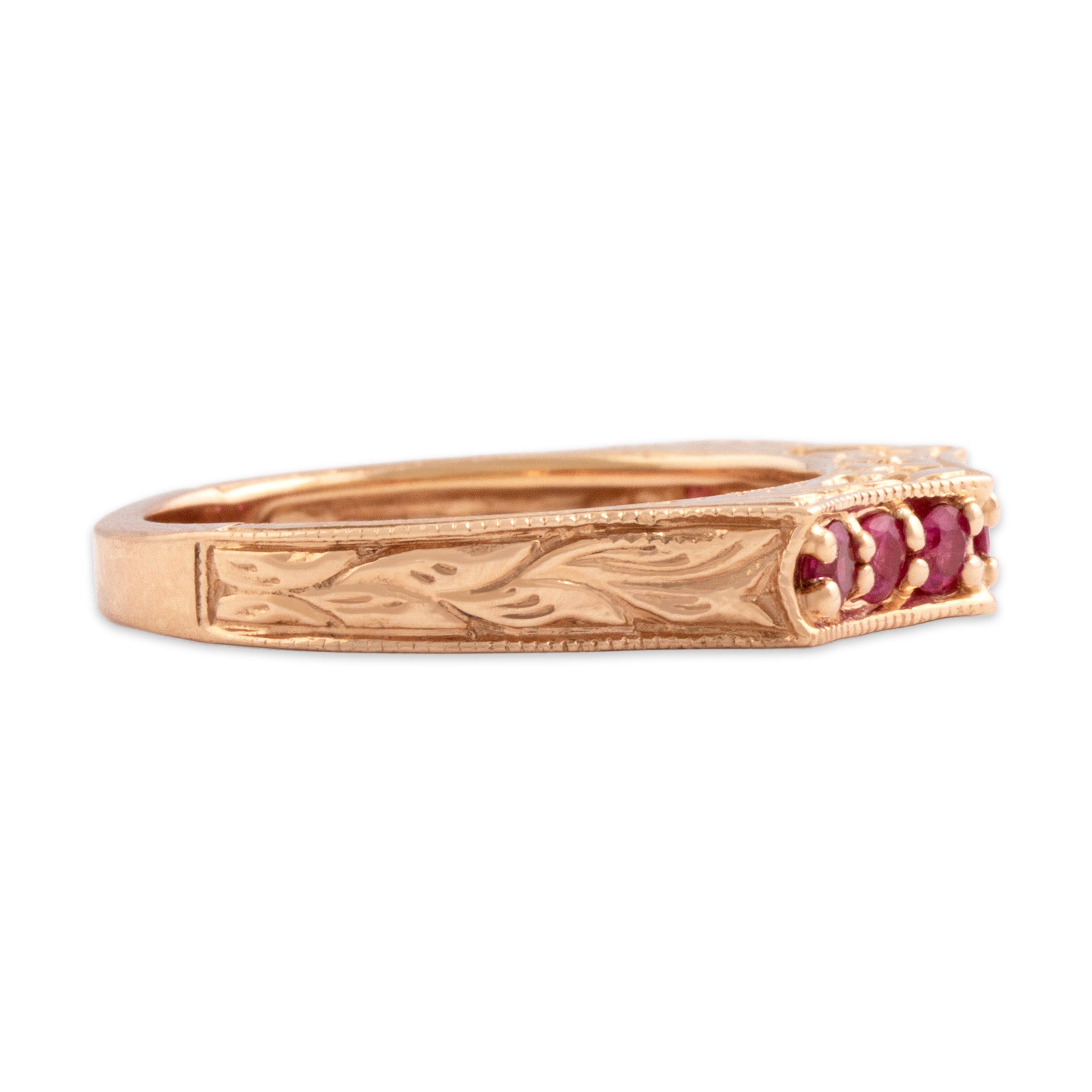 Estate 14k Rose Gold Ruby Arched Floral Adorned Band Ring - Side view