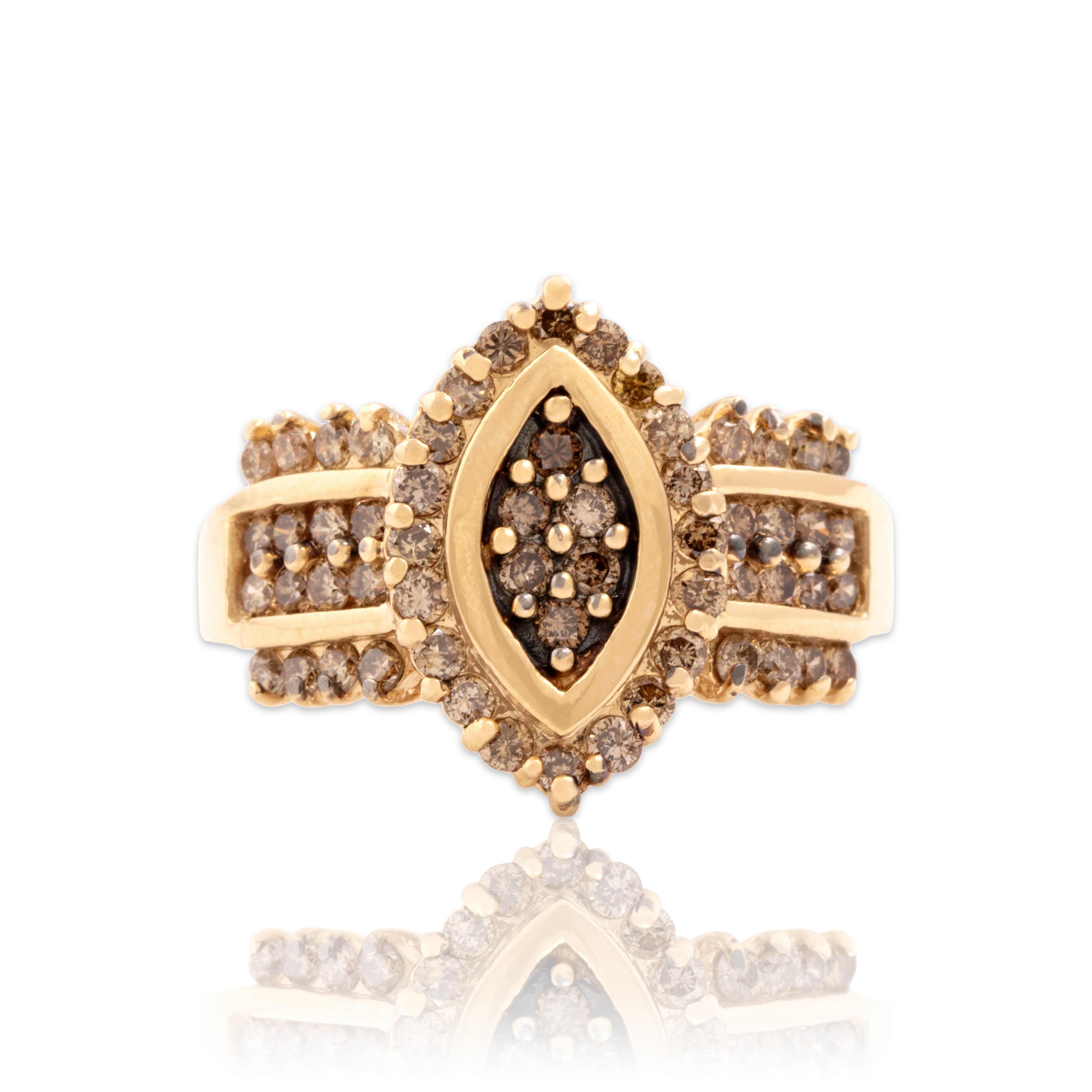 Vintage 14k Yellow Gold .61cttw Chocolate Diamond Wide Band Glittering Navette Ring - Close-up view
