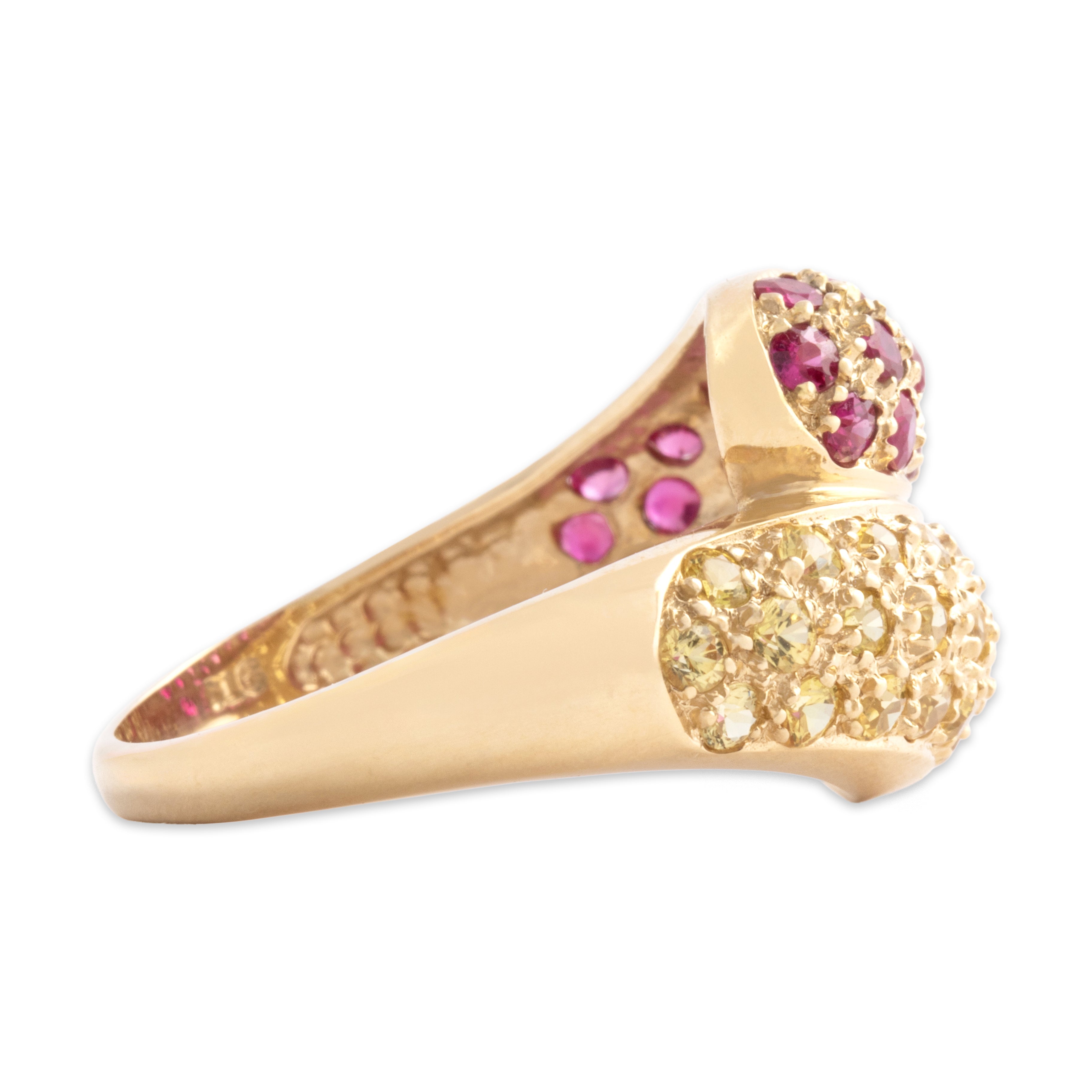 Vintage 14k Yellow Gold .56cttw Yellow Sapphire .55cttw Ruby Vibrant Bypass Ring - Side view