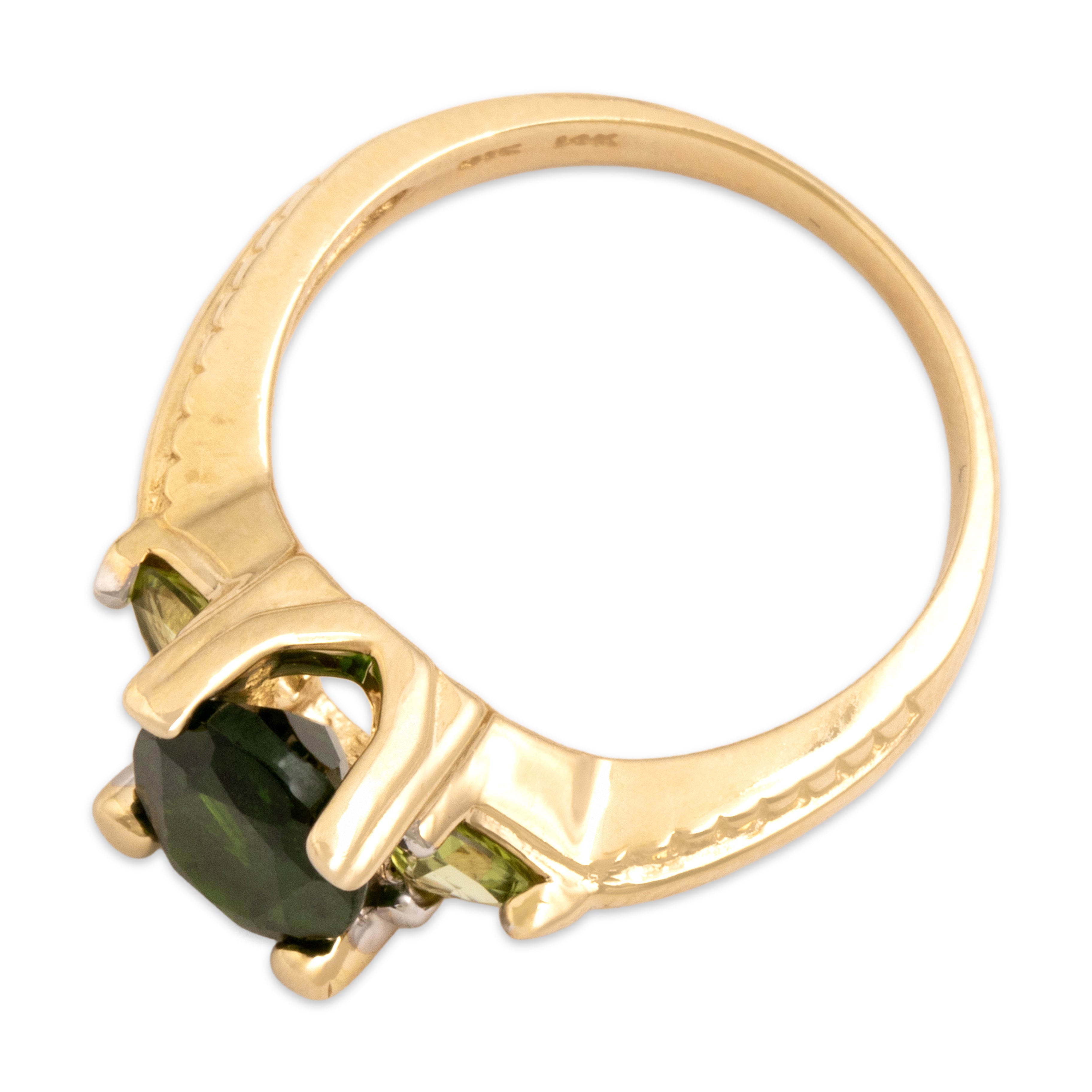 Vintage 14k Yellow Gold 1.56ct Green Tourmaline Peridot Vibrant Trio Accented Shoulder Ring - Overall view