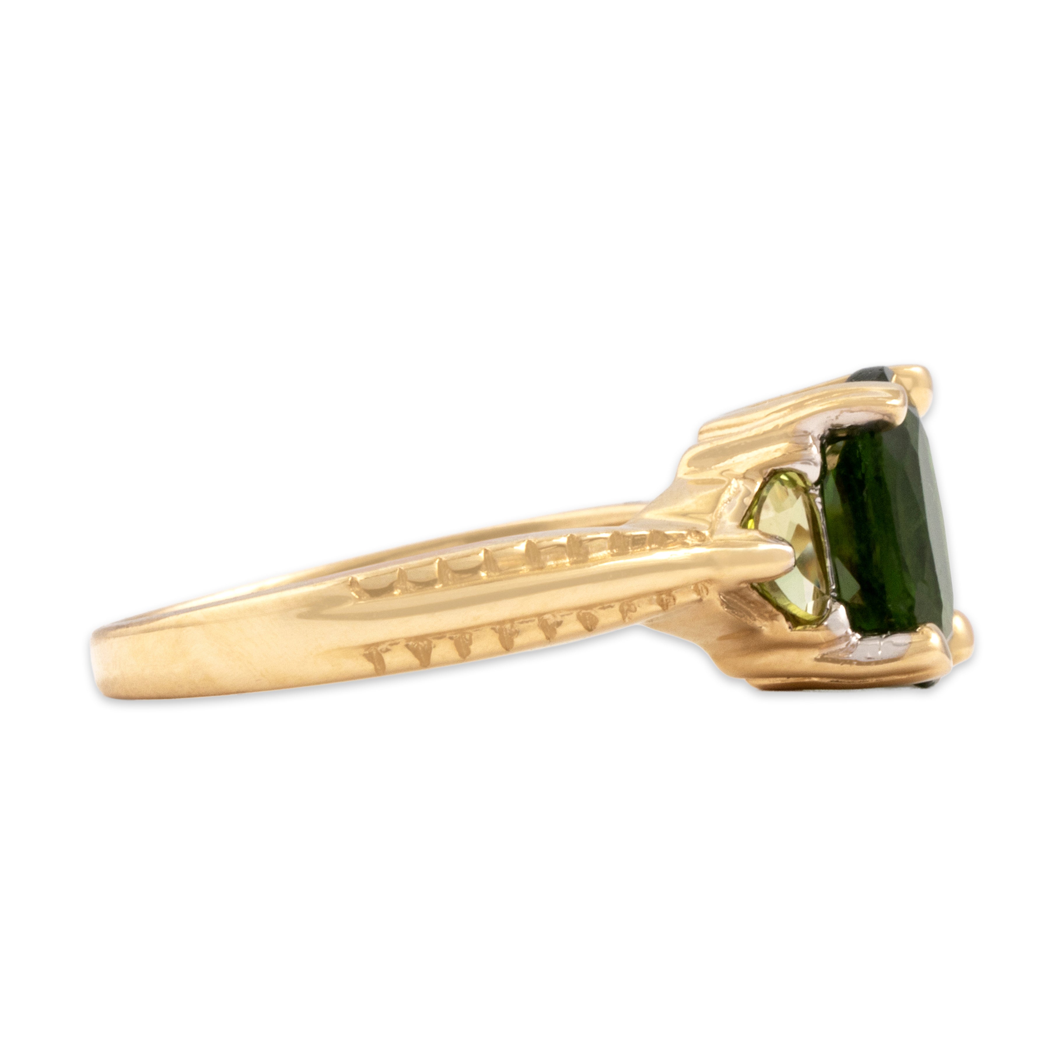 Vintage 14k Yellow Gold 1.56ct Green Tourmaline Peridot Vibrant Trio Accented Shoulder Ring - Side view