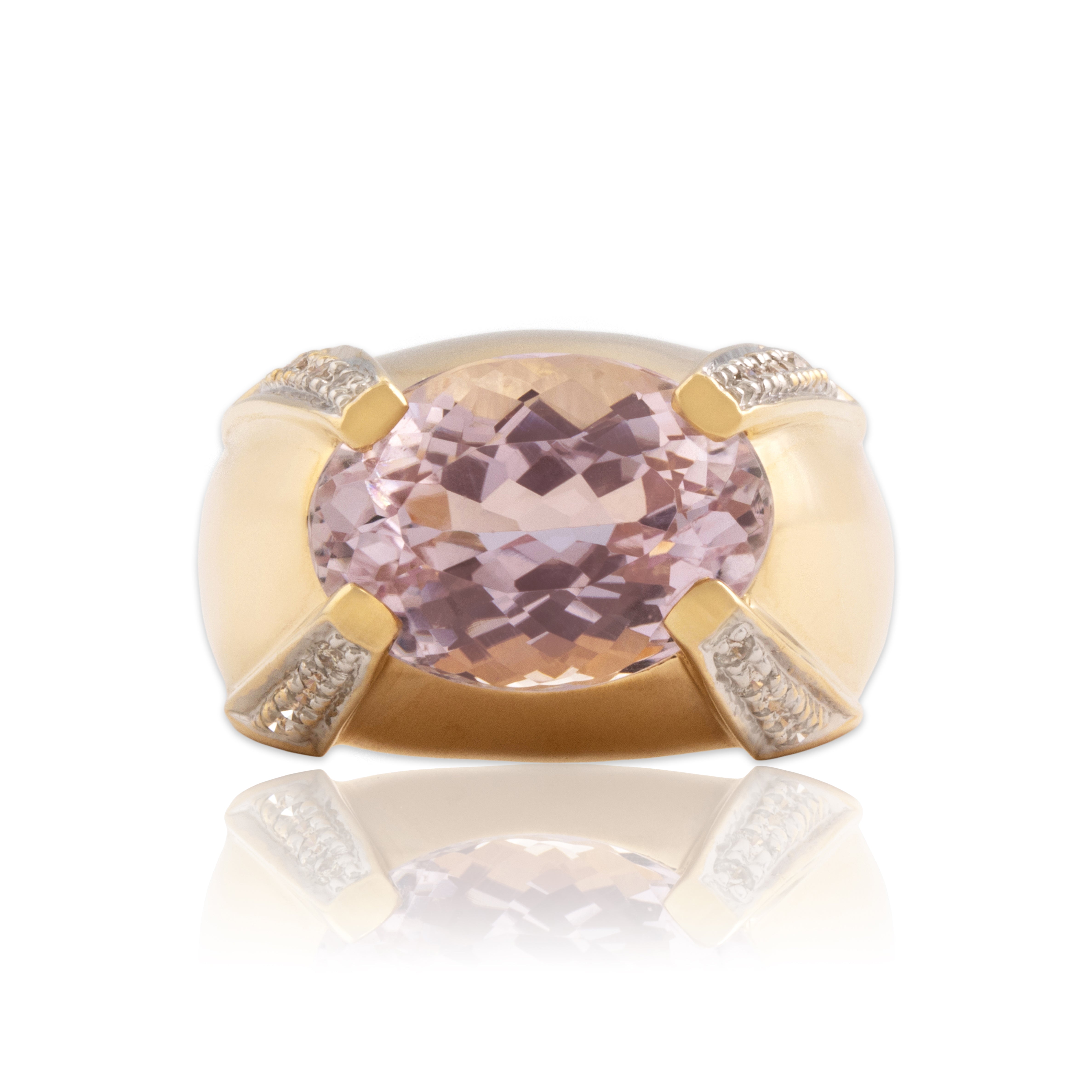 Vintage 14k Yellow Gold 7.07ct Kunzite Diamond Tall East-West Oval Ring - Close-up view