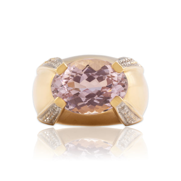 Vintage 14k Yellow Gold 7.07ct Kunzite Diamond Tall East-West Oval Ring - Close-up view