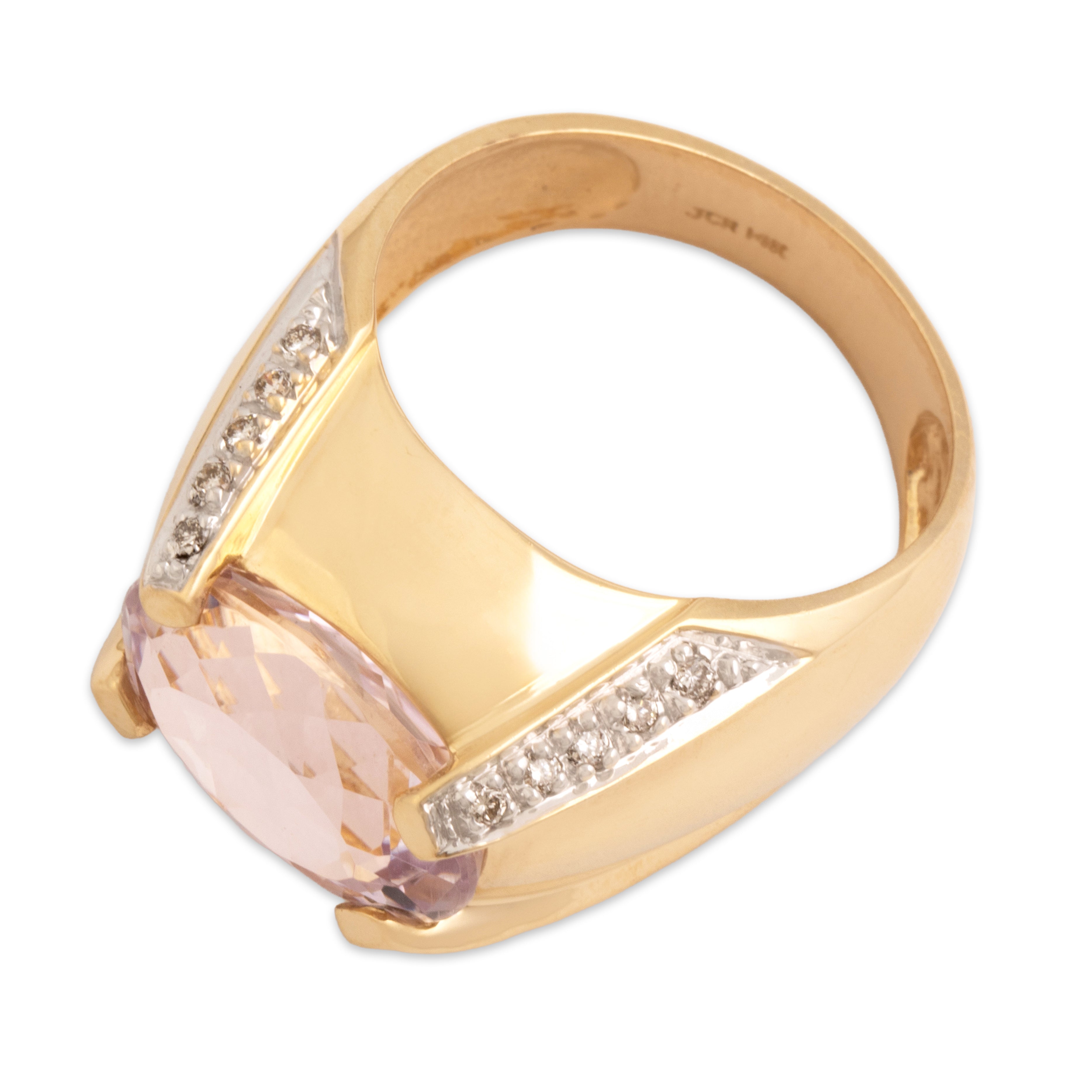 Vintage 14k Yellow Gold 7.07ct Kunzite Diamond Tall East-West Oval Ring - Overall view