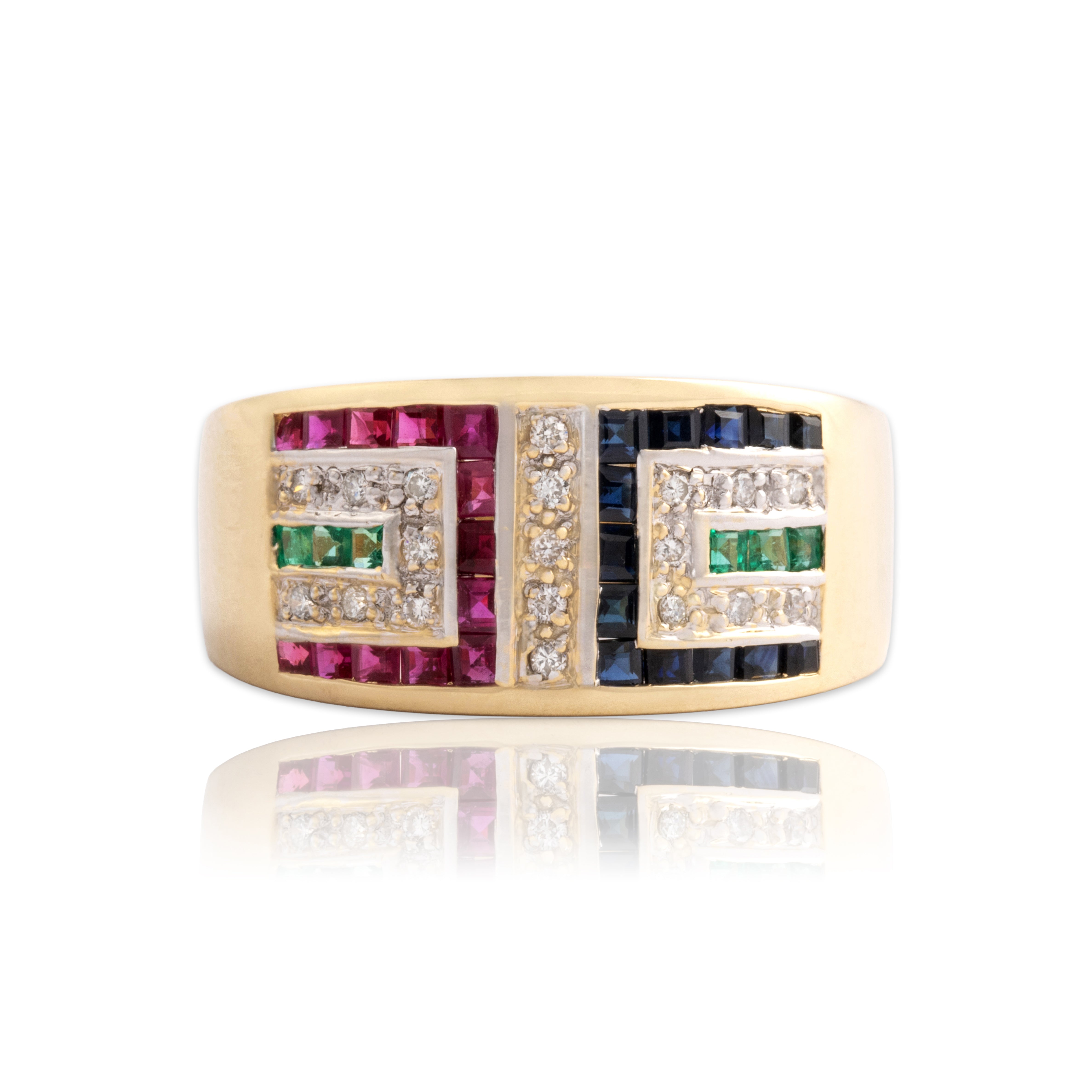 Vintage 14k Yellow Gold Blue Sapphire Ruby Diamond Emerald Wide Geometric Channels Band Ring - Close-up view