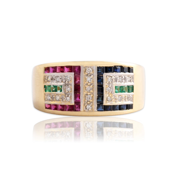 Vintage 14k Yellow Gold Blue Sapphire Ruby Diamond Emerald Wide Channel Ring 8.00
