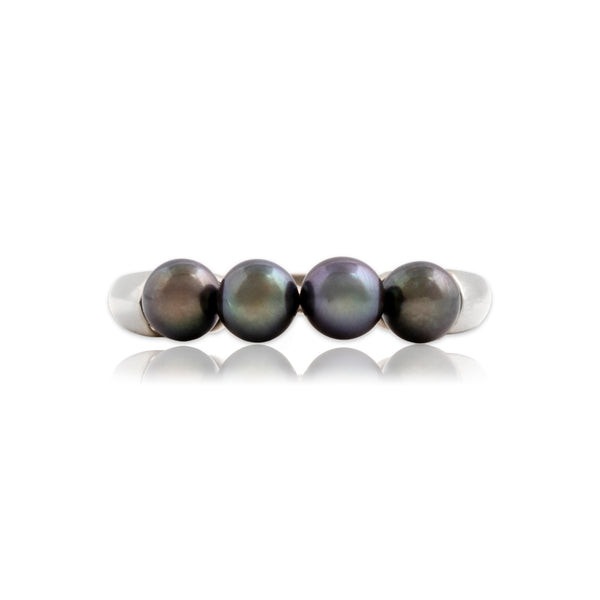 Vintage 14k White Gold Tahitian Pearl Chic Gleaming Row Ring 7.75