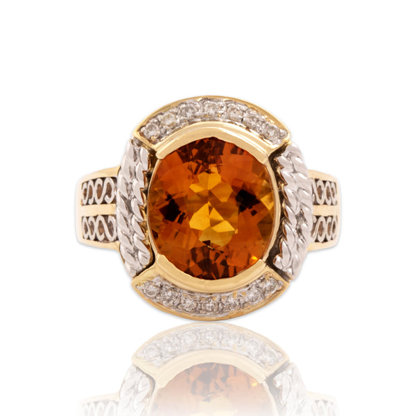 Vintage 14k Yellow & White Gold 3.73ct Citrine Diamond Rope Border Oval Ring 7.25