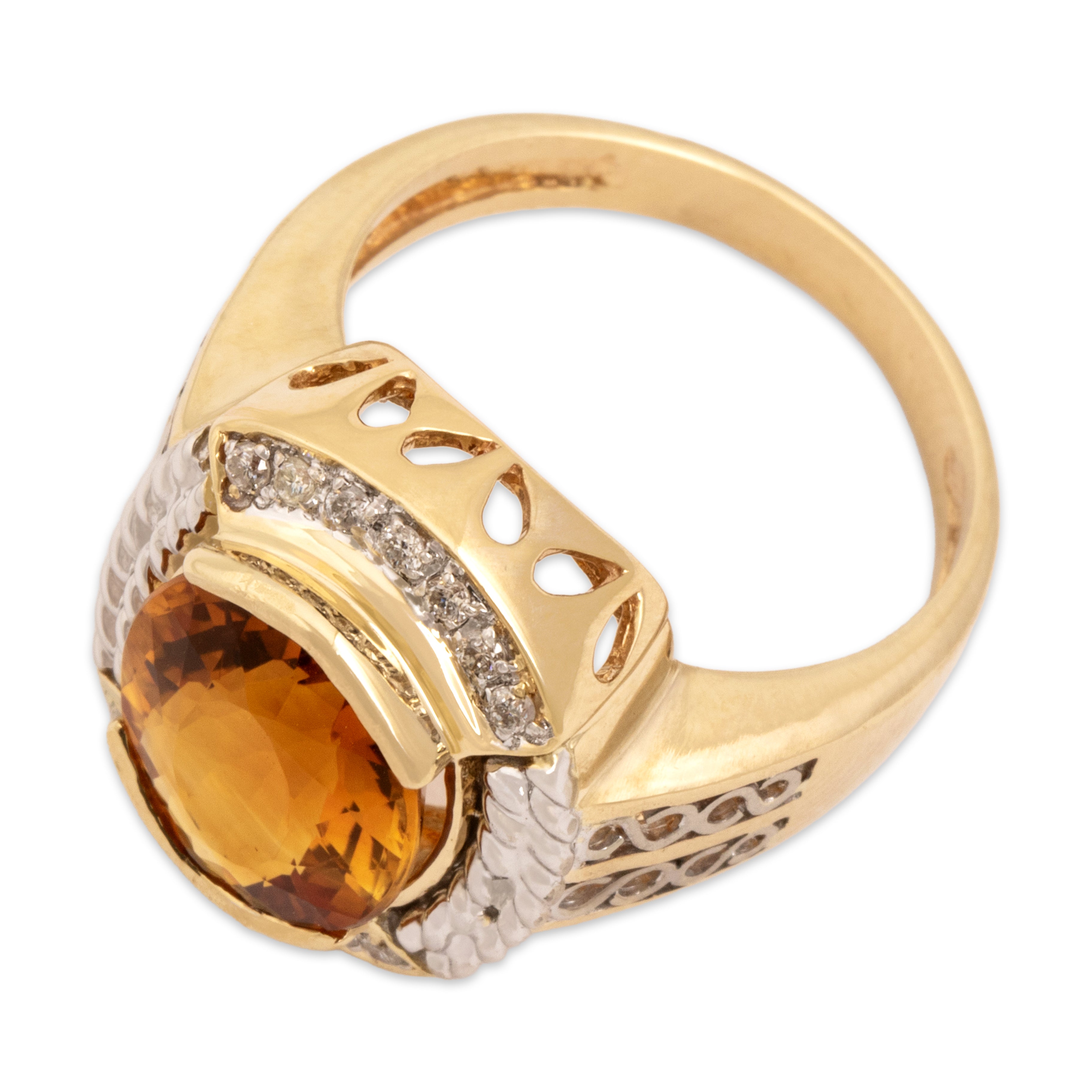 Vintage 14k Yellow & White Gold 3.73ct Citrine Diamond Bold Rope Border Oval Ring - Overall view