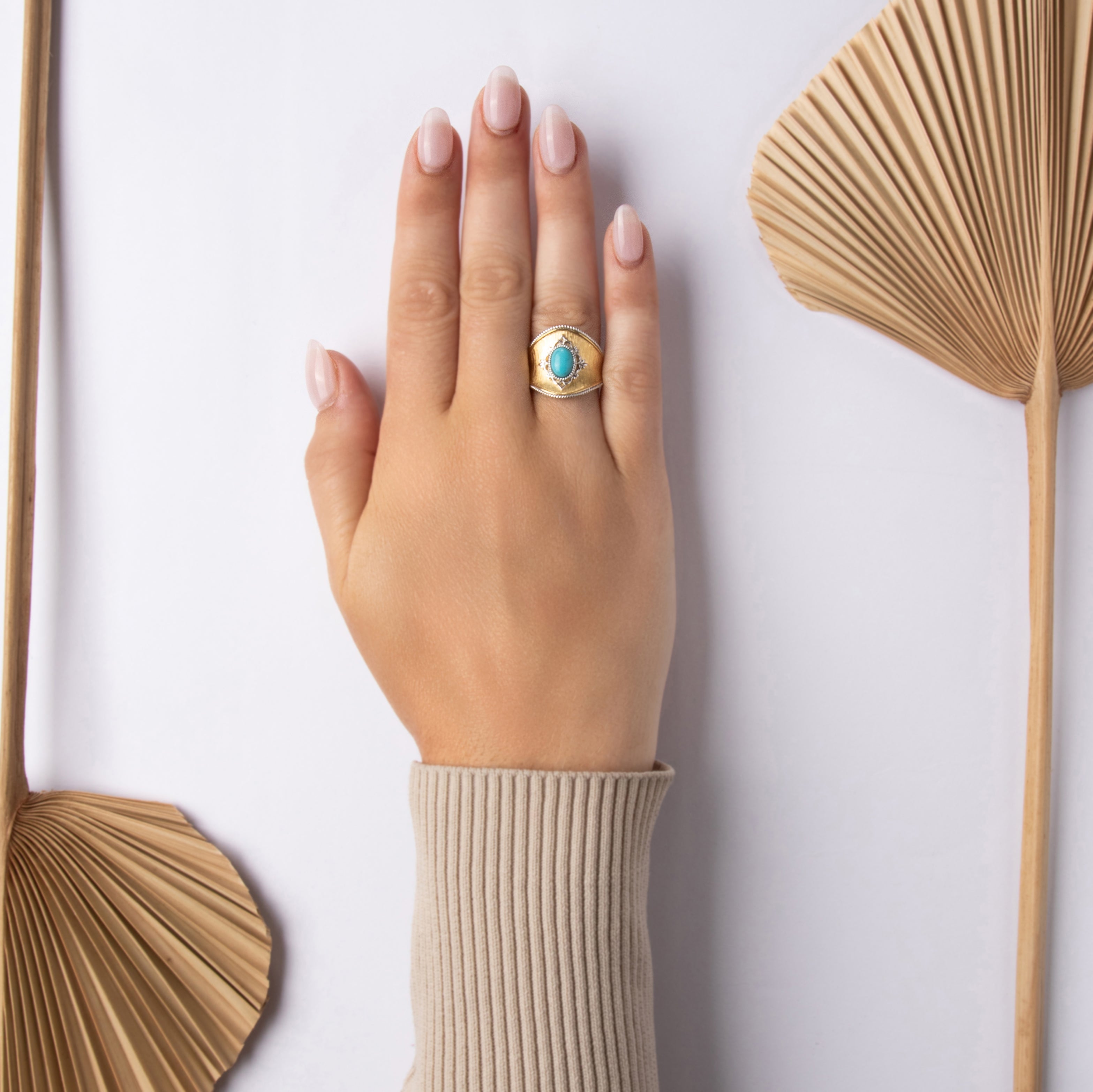Vintage Chinese 14k Yellow & White Gold 1.01ct Turquoise Wide Adorned Textured Ring - On model view