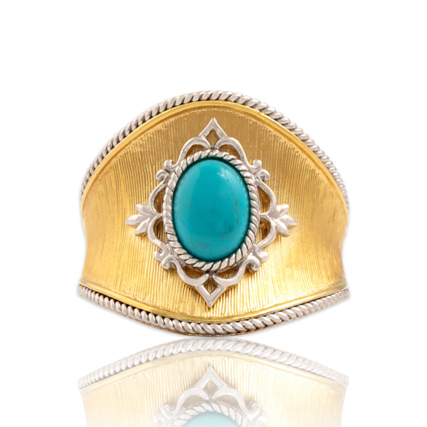 Vintage Chinese 14k Yellow & White Gold 1.01ct Turquoise Wide Adorned Textured Ring - Close-up view