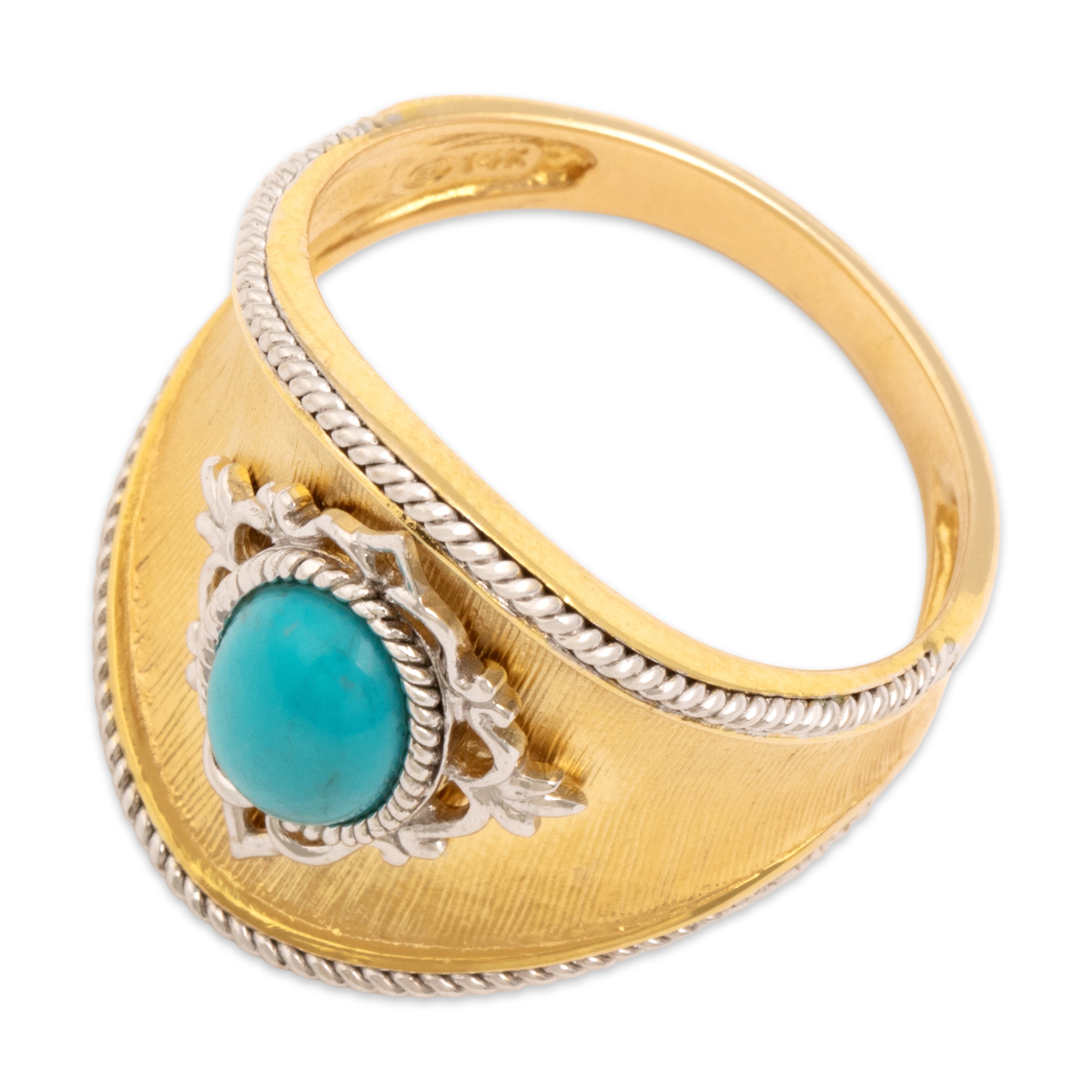 Vintage Chinese 14k Yellow & White Gold 1.01ct Turquoise Wide Adorned Textured Ring - Overall view