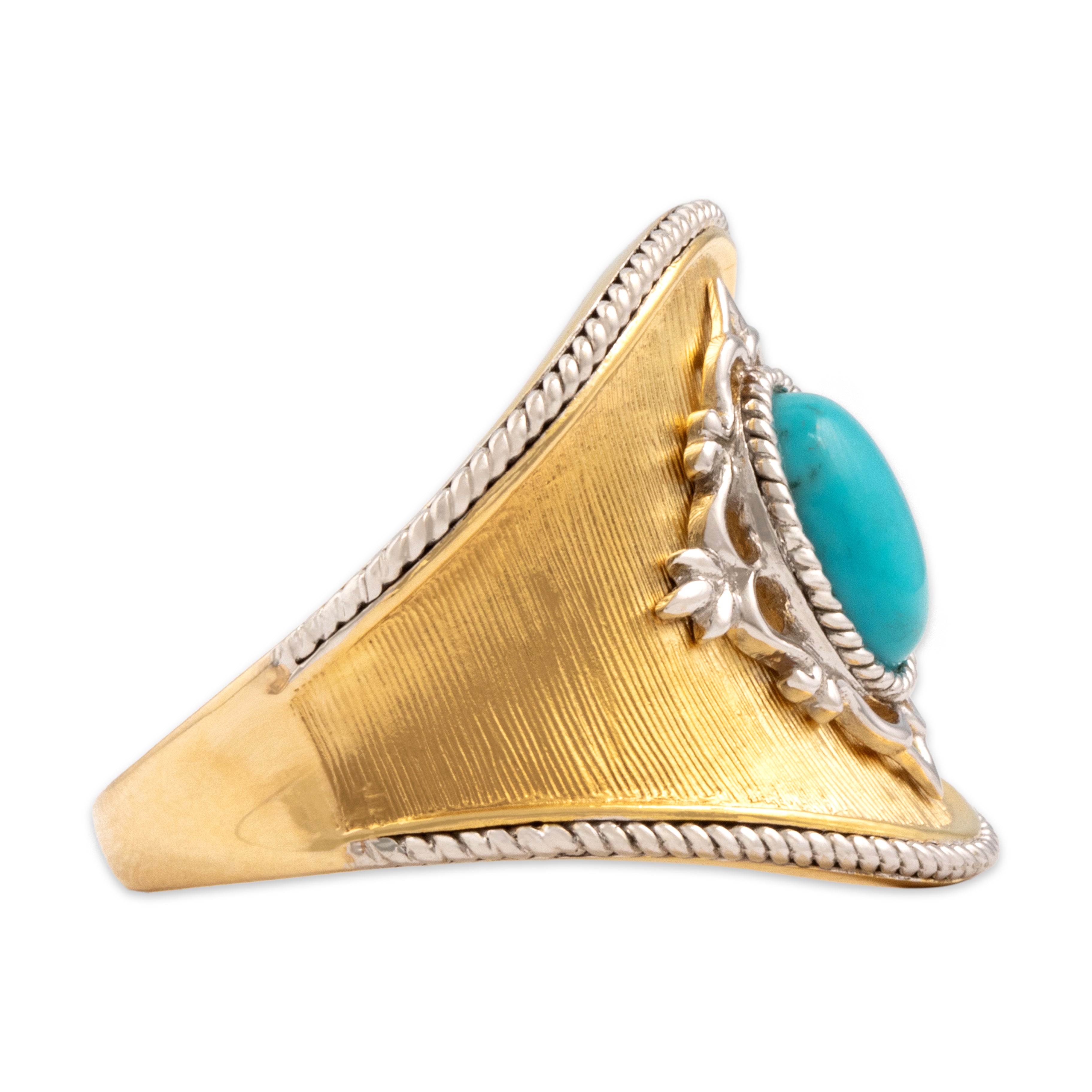 Vintage Chinese 14k Yellow & White Gold 1.01ct Turquoise Wide Adorned Textured Ring - Side view