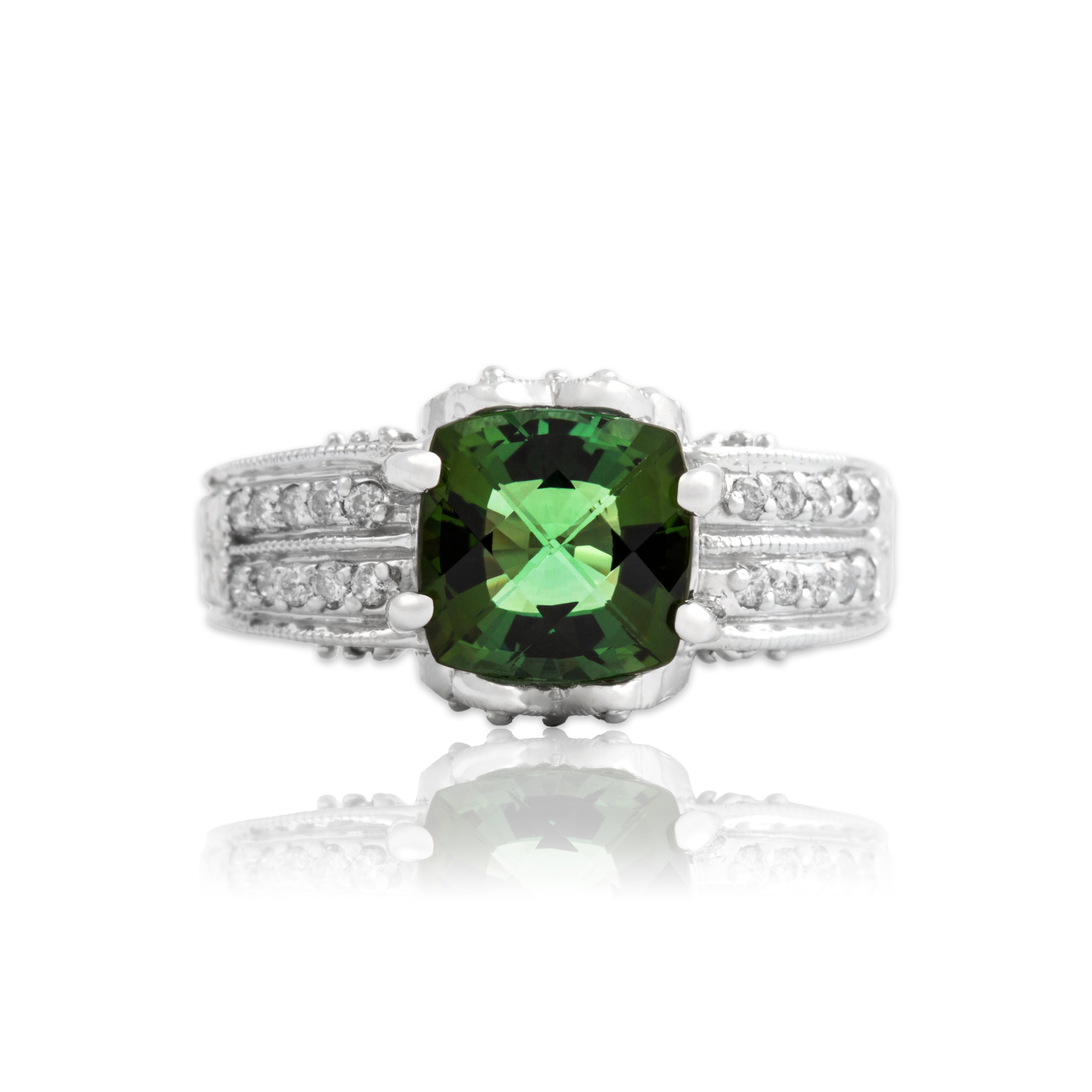 Vintage 14k White Gold 2.29ct Green Tourmaline Diamond Ornate Cushion Ring 7.00