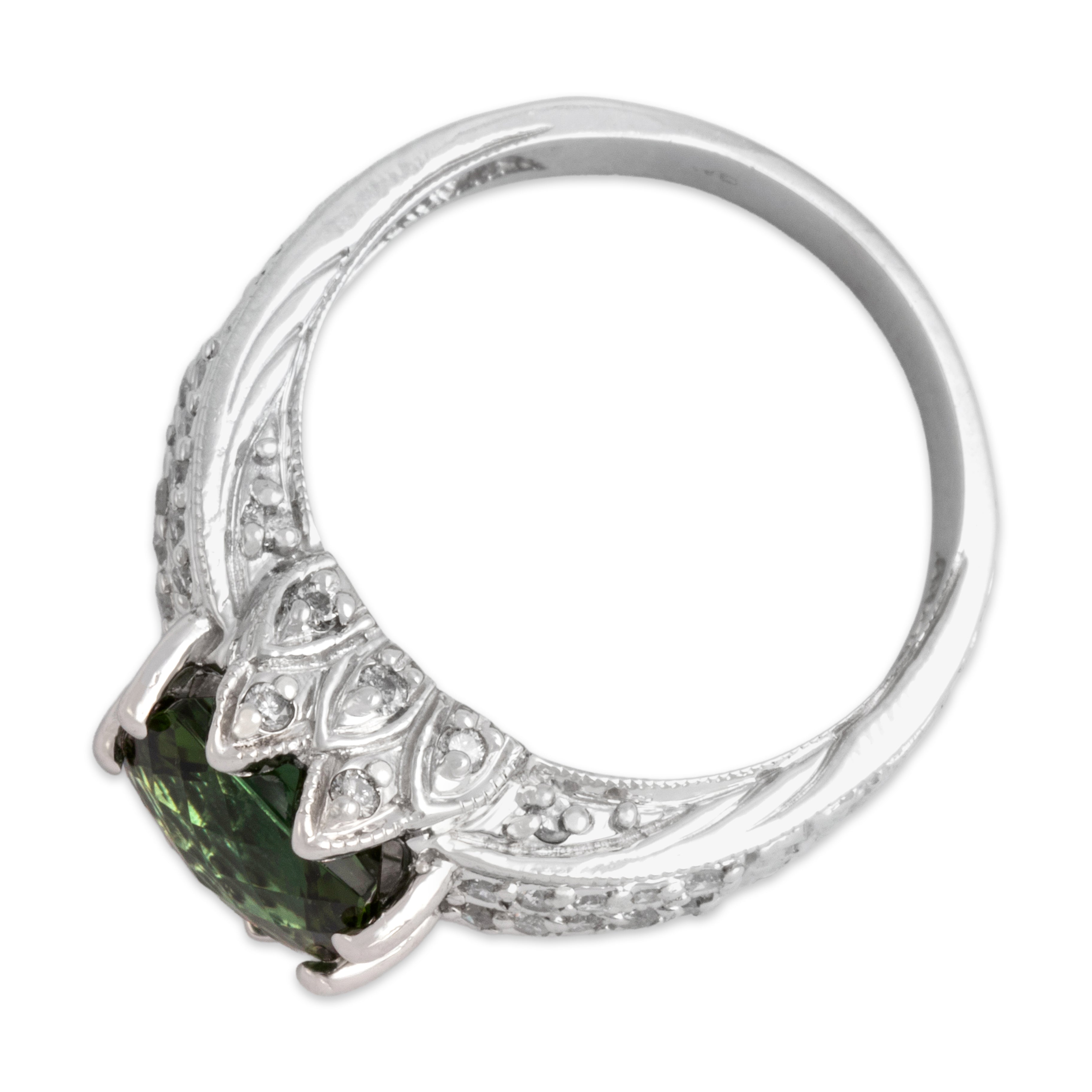 Vintage 14k White Gold 2.29ct Green Tourmaline Diamond Ornate Cushion Ring 7.00