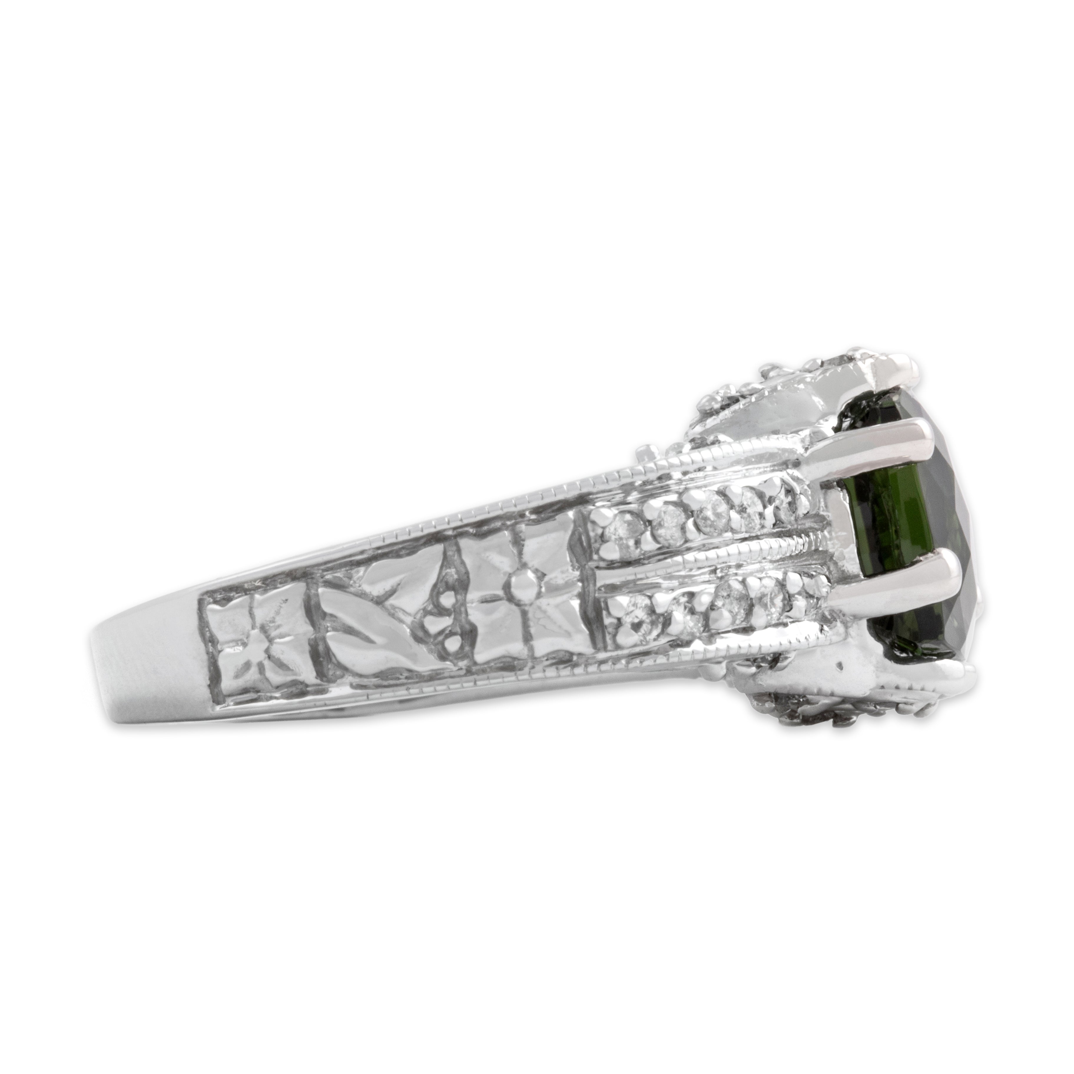 Vintage 14k White Gold 2.29ct Green Tourmaline Diamond Ornate Band Checkerboard Cushion Ring - Side view