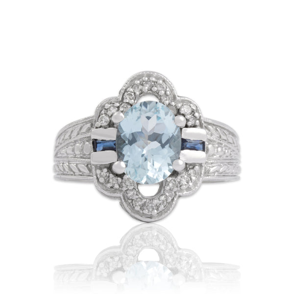 Vintage 14k White Gold 1.57ct Aquamarine Diamond Blue Sapphire Detail Ring 7.25